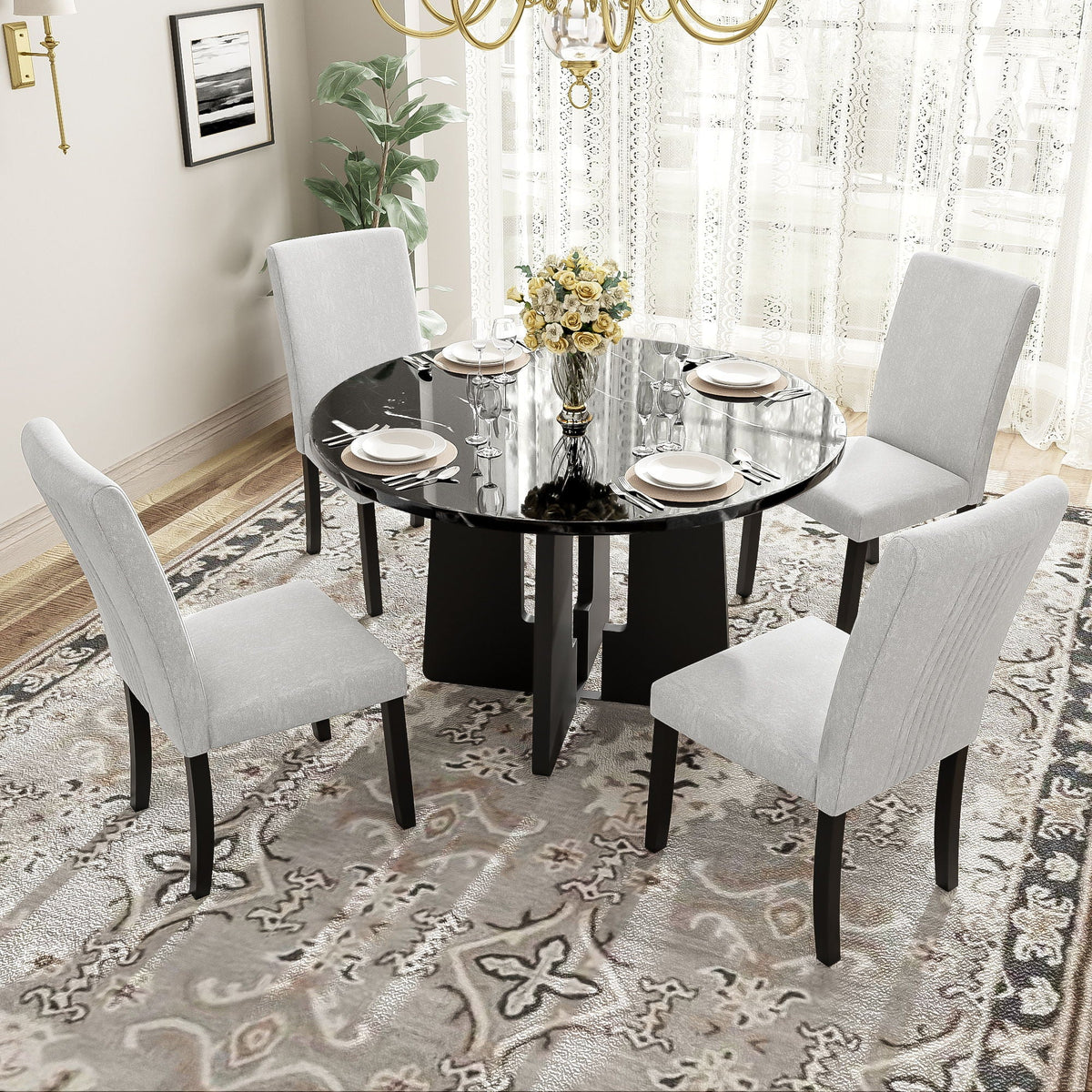 5 Piece Round Dining Table Set with Upholstered Chairs - Black or White, photo 8 of 40