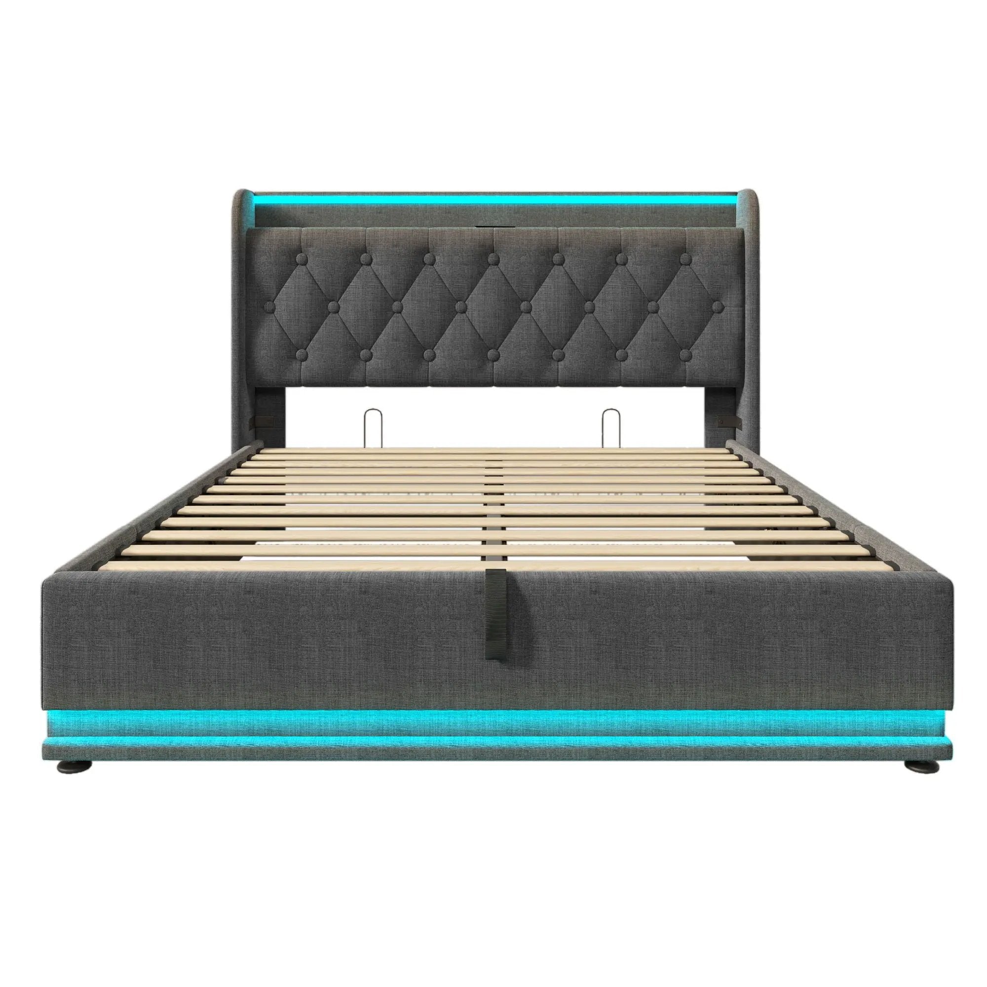 Upholstered Bed, 360 Surround LED Function, Remote Control, Hydraulic Storage Bed With USB, Type-C Charging (Without Mattress) by HouseOfZazla