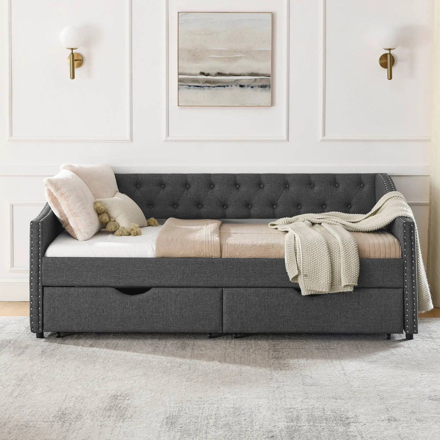 Upholstered Tufted Daybed With 2 Drawers, Waved Arms by HouseOfZazla