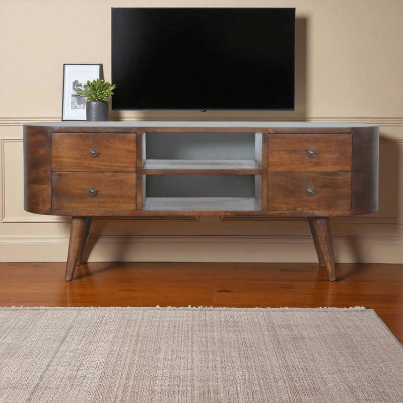 Chestnut Rounded Entertainment Unit, Nordic Legs, 4-Drawers, 2 Open Slot by HouseOfZazla