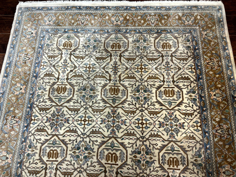 Indo Persian Rug 6x9, Beige, Allover Pattern, Vintage Wool Oriental Carpet by Jewel Rugs