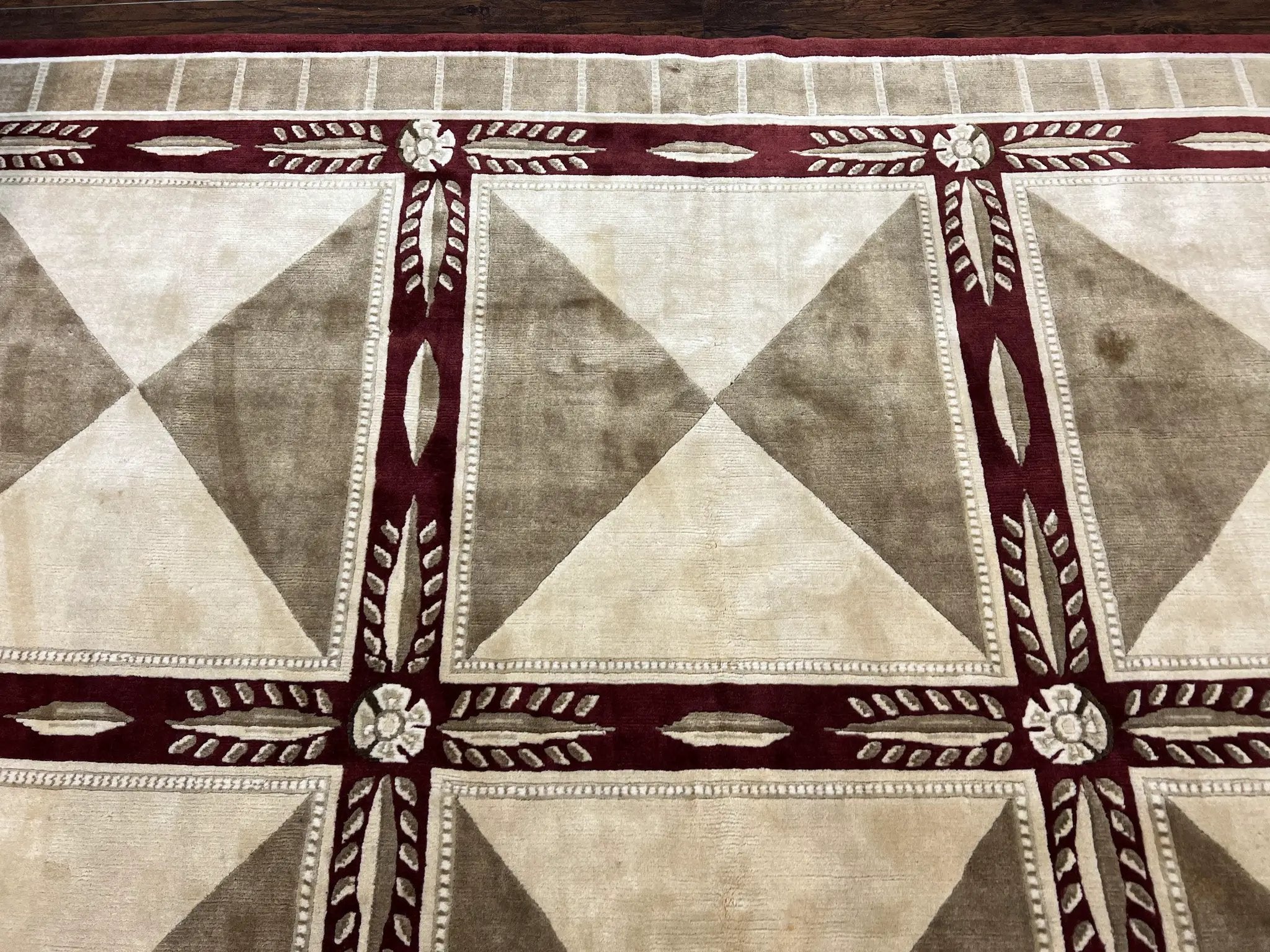 Indo Tibetan Rug 10x14, Nepali Carpet, Large Soft Wool Area Rug, Olive Tan Maroon, Contemporary Rug 10 x 14 ft Living Room Rug, Handmade Rug by Jewel Rugs