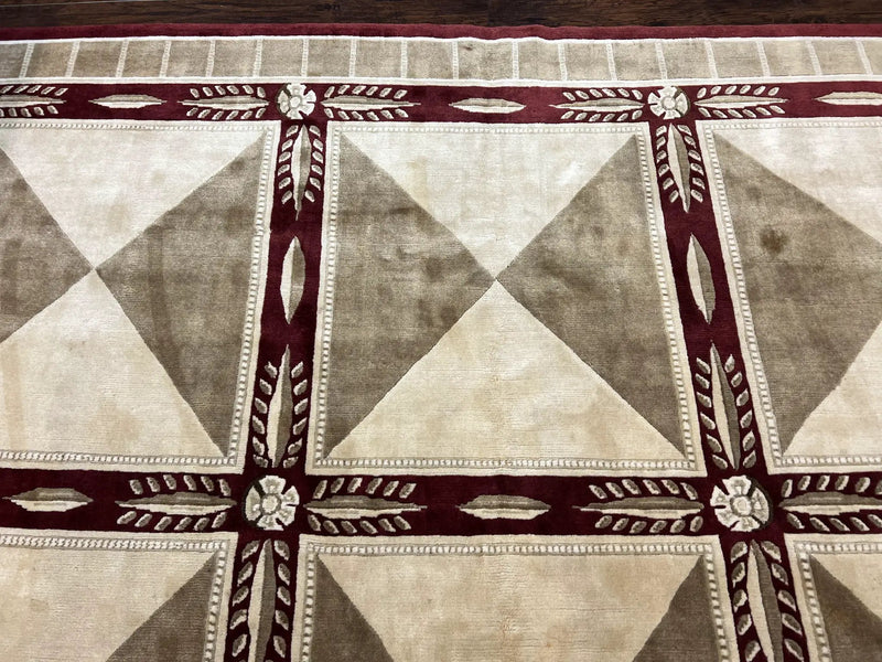 Indo Tibetan Rug 10x14, Nepali Carpet, Large Soft Wool Area Rug, Olive Tan Maroon, Contemporary Rug 10 x 14 ft Living Room Rug, Handmade Rug by Jewel Rugs