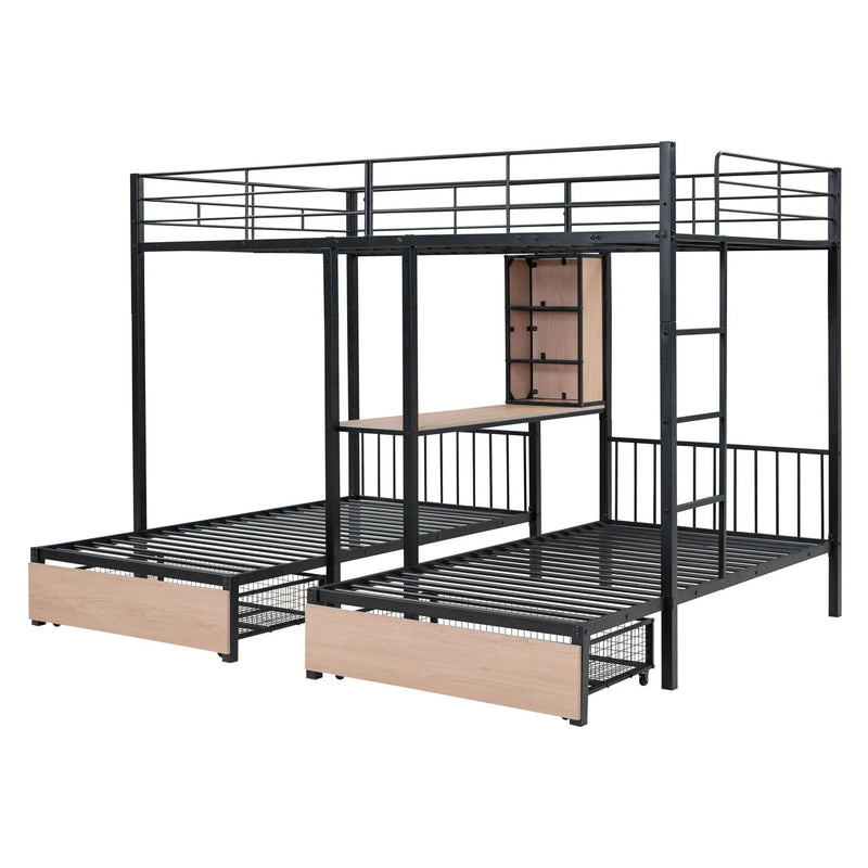 Triple Bunk Bed With Drawers, Multi-Functional Frame With Desks And Shelves In The Middle by HouseOfZazla