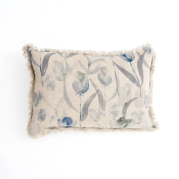 Linen Printed Lumbar Throw Pillow with Fringes (Blue & Grey) 16x24