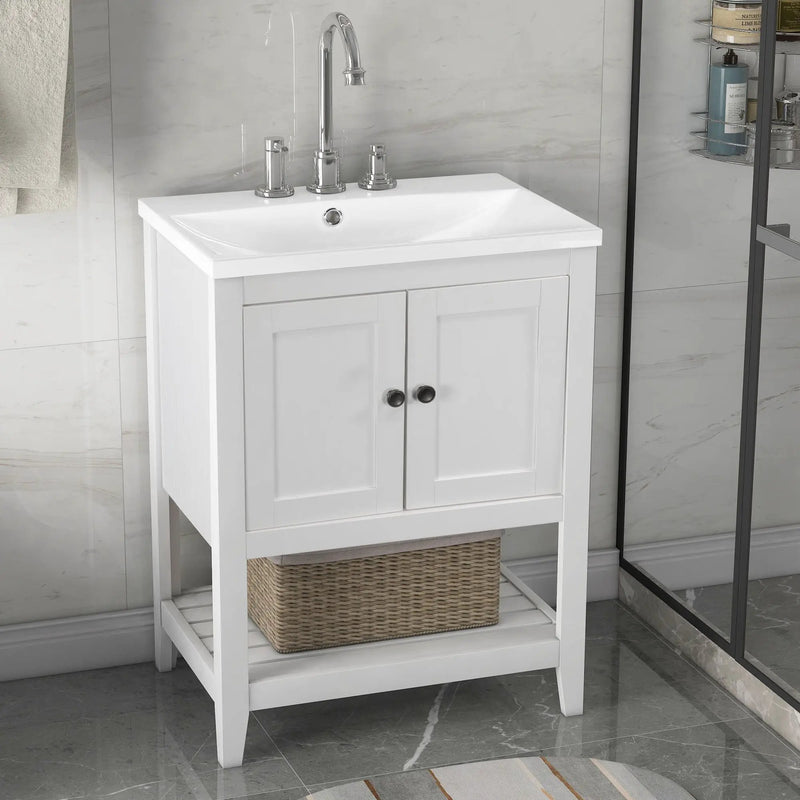 Modern Sleek Bathroom Vanity Elegant Ceramic Sink With Solid Wood Frame Open Style Shelf - White by Unique Piece Furniture