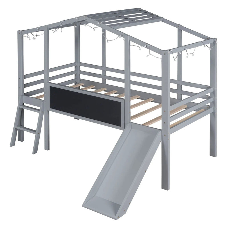 Loft House Bed With Ladder And Slide, With board And Light Strip On The Roof by Unique Piece Furniture