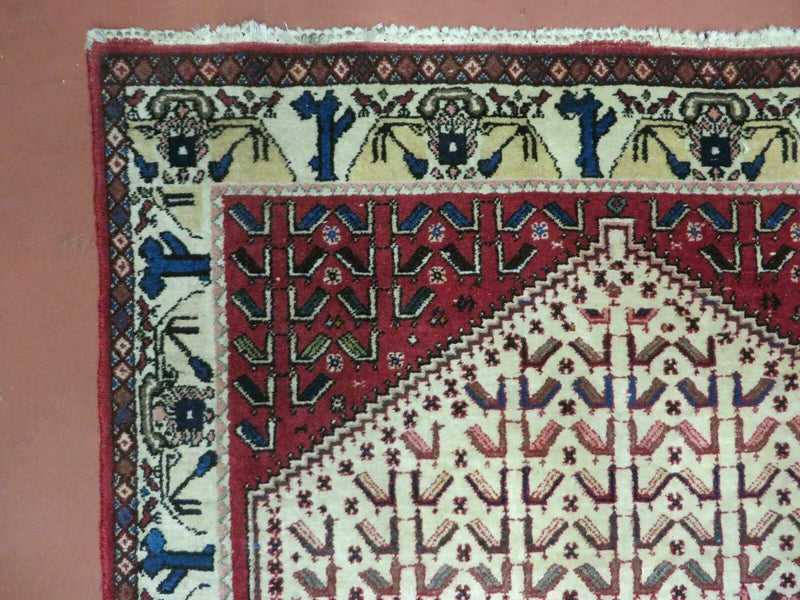 3' X 5' Vintage Handmade India Geometric Oriental Wool Rug Nice Birds Ivory Red by Jewel Rugs