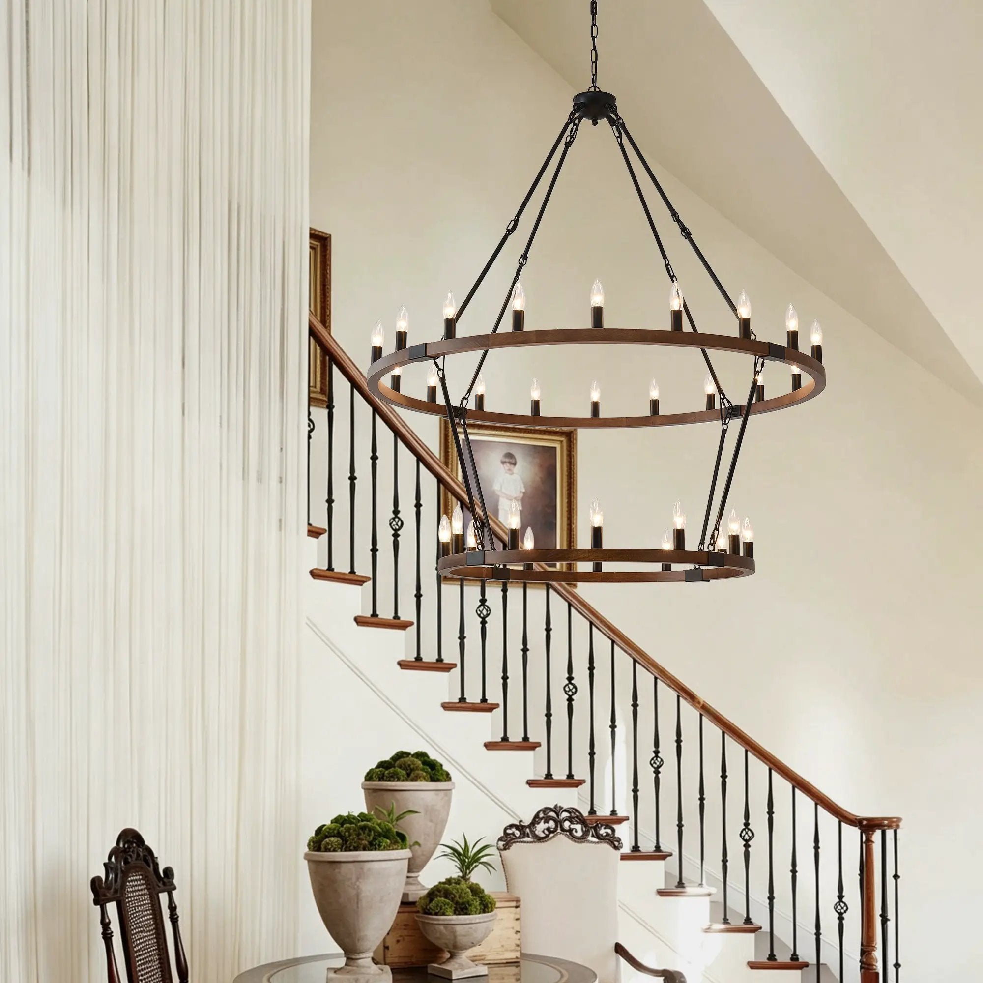 Large Solid Wood Wagon Wheel Chandelier, 2-Tier 32-Lights by HouseOfZazla