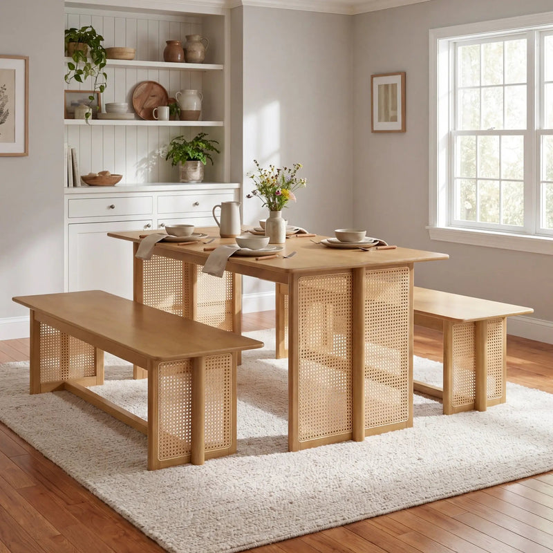 Natural Color Rubber Wood Dining Set with Plastic Rattan by HouseOfZazla
