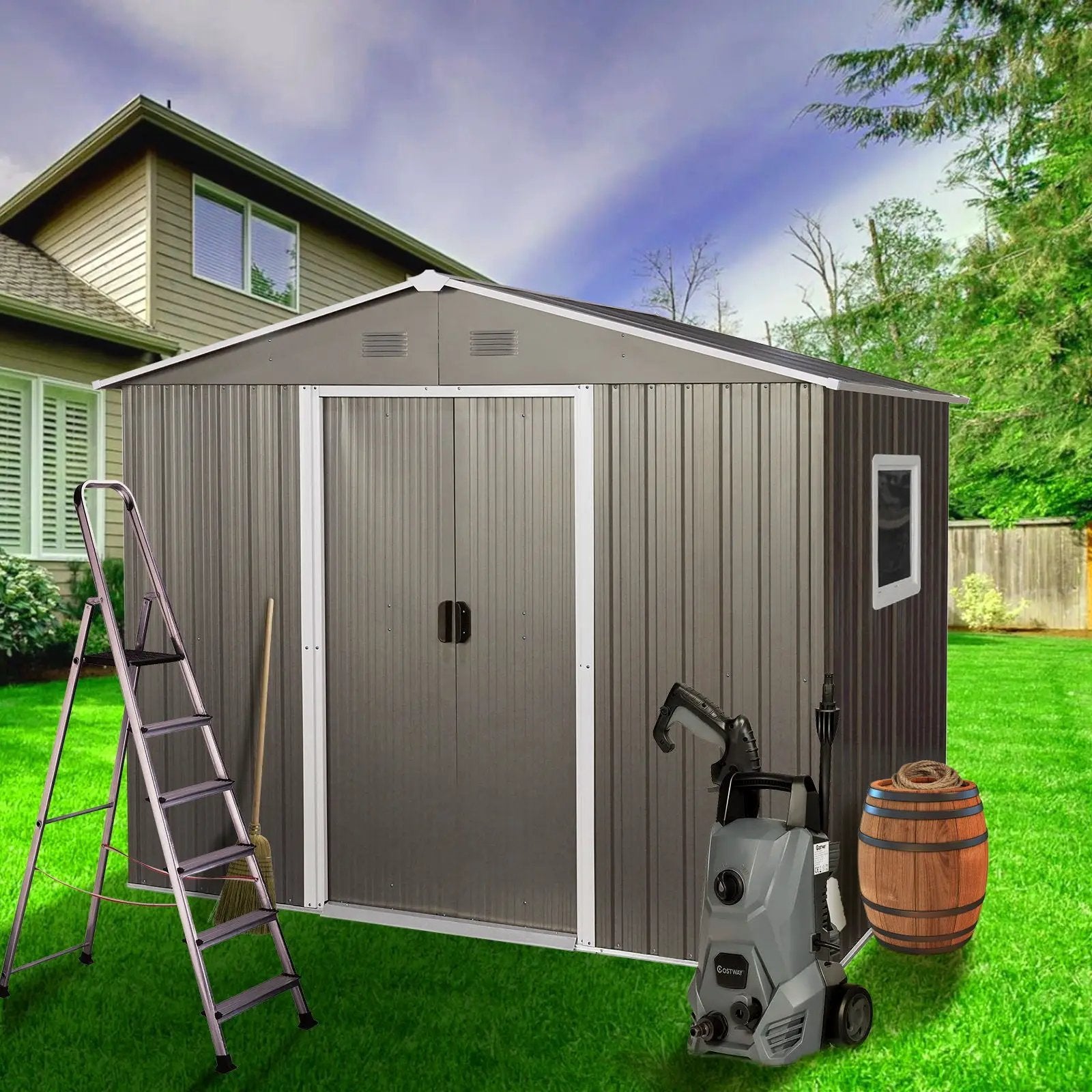 8Ft x 6Ft Outdoor Metal Storage Shed With Window (W540S00016) - Gray by HouseOfZazla