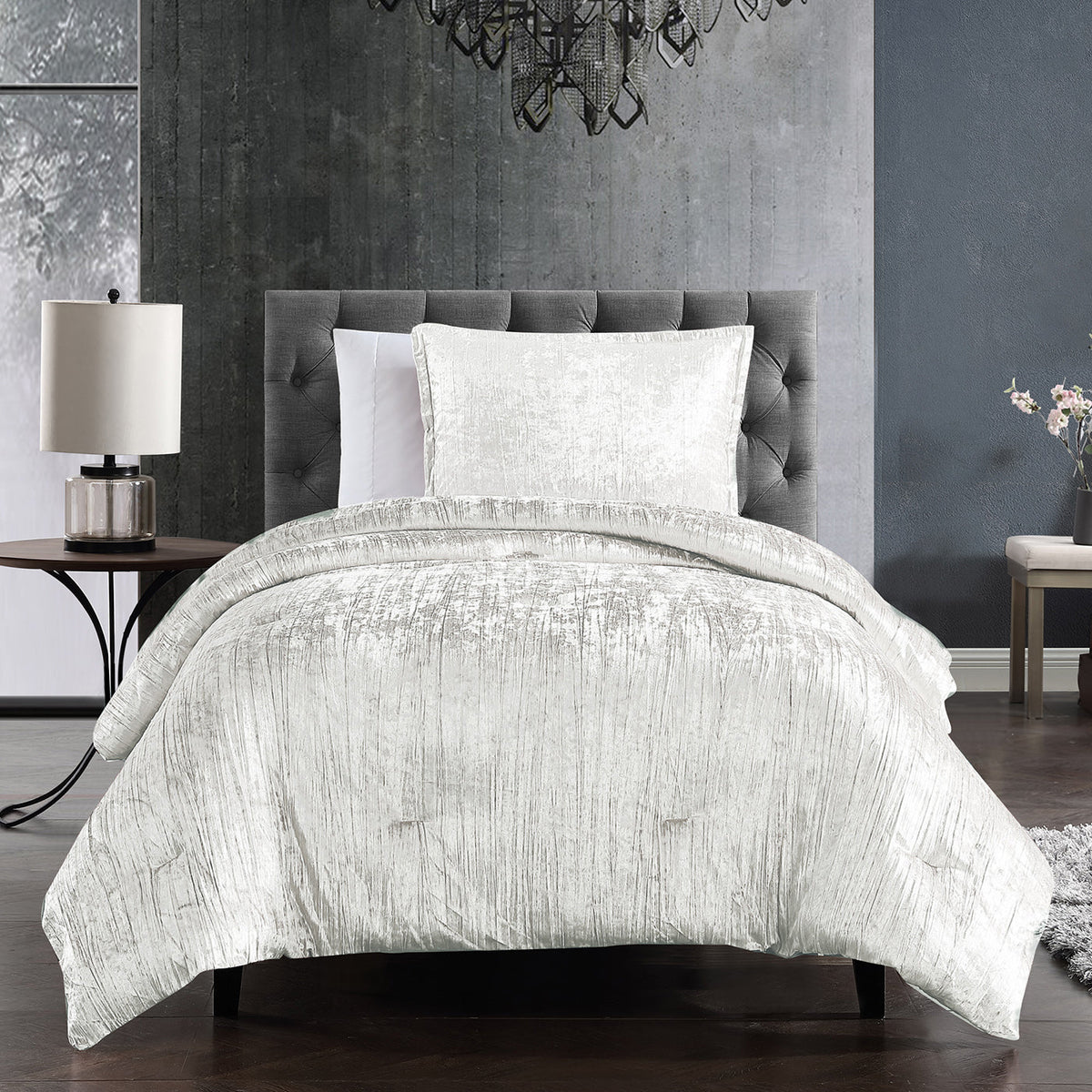 Turin 2 Piece Comforter Set with Crinkle Velvet - White or Black