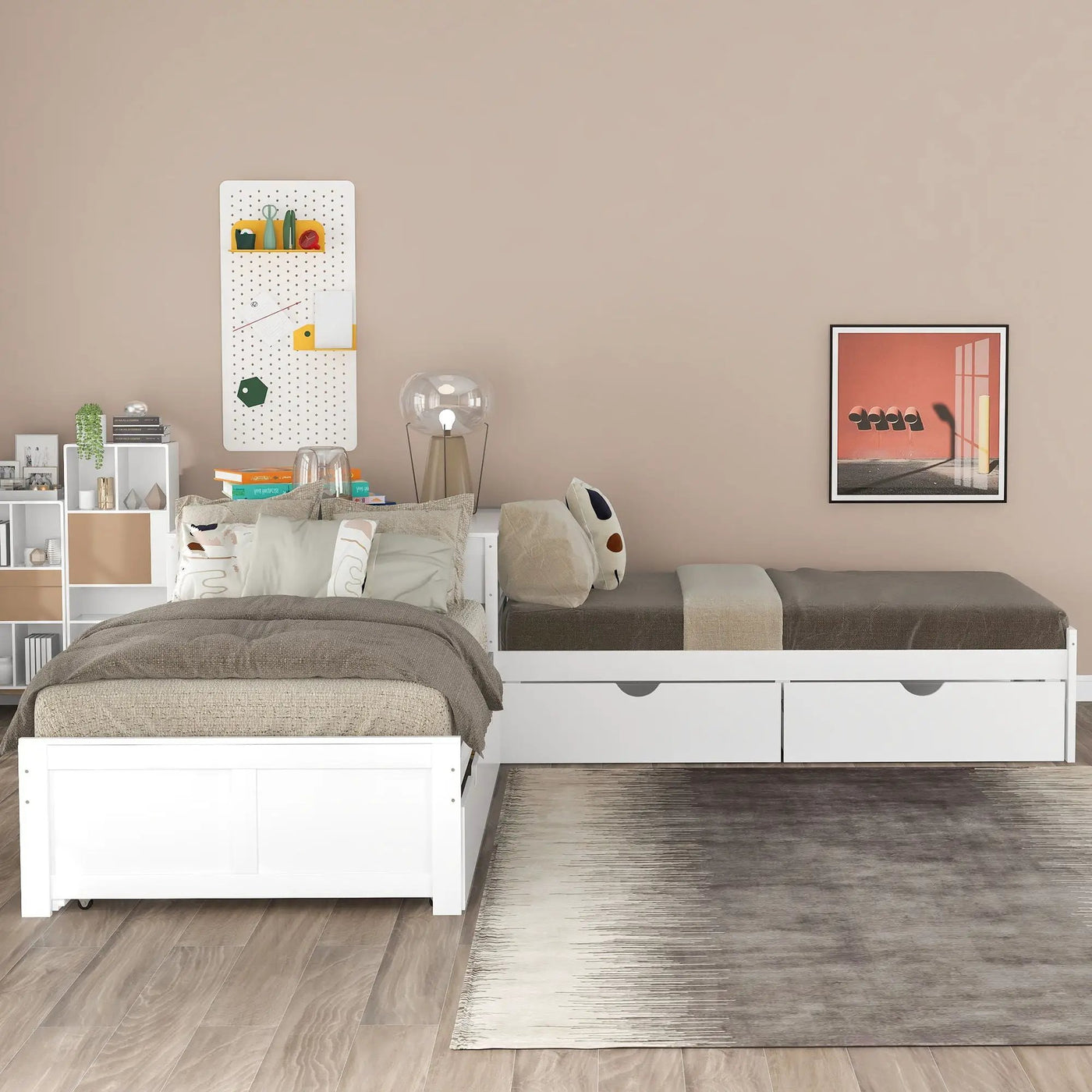 L Shaped Platform Bed With Trundle And Drawers Linked With Built In Desk by HouseOfZazla