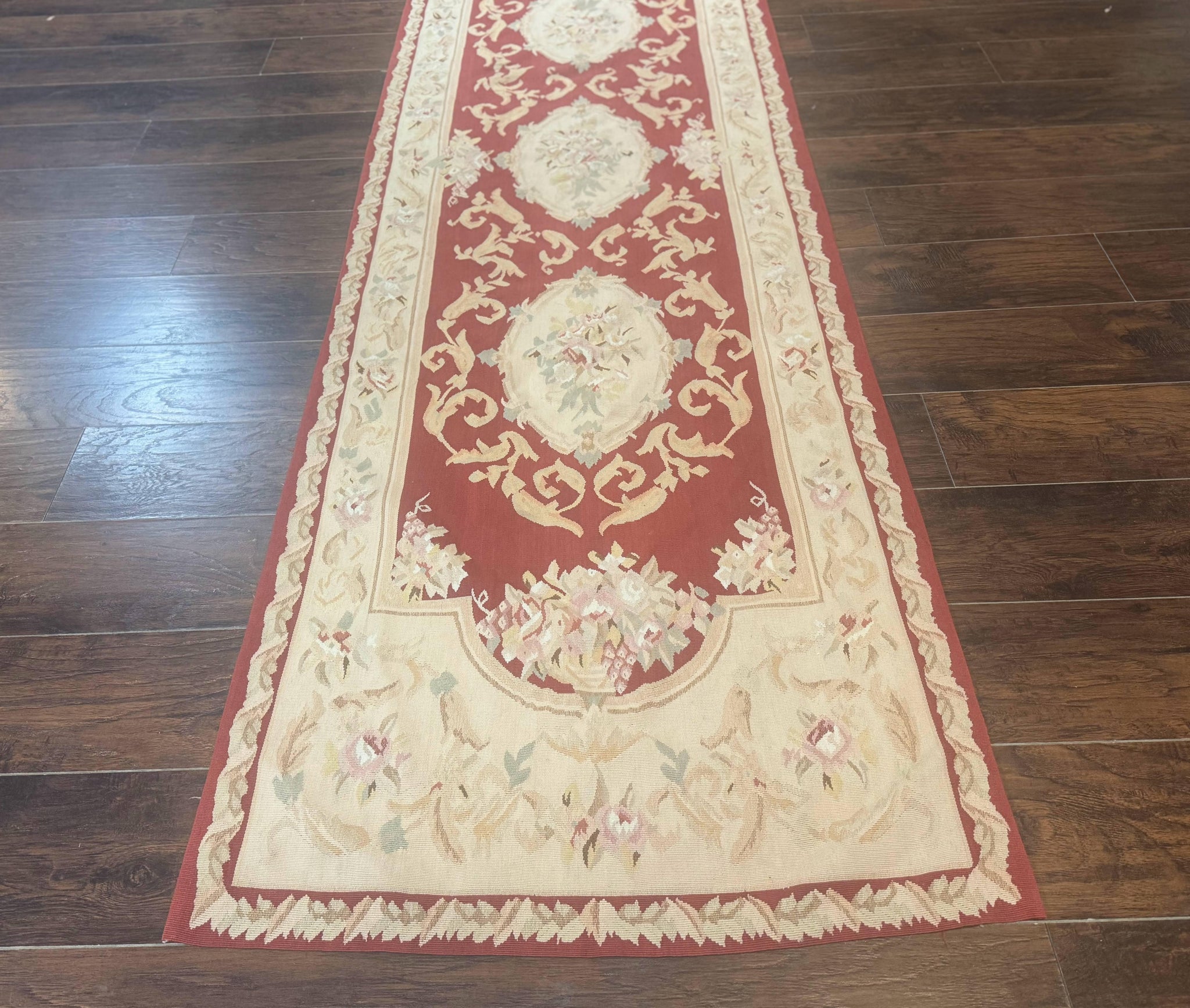 Aubusson Runner Rug 3x10, European Design, Red and Beige, Elegant, Handmade Wool Rug by Jewel Rugs