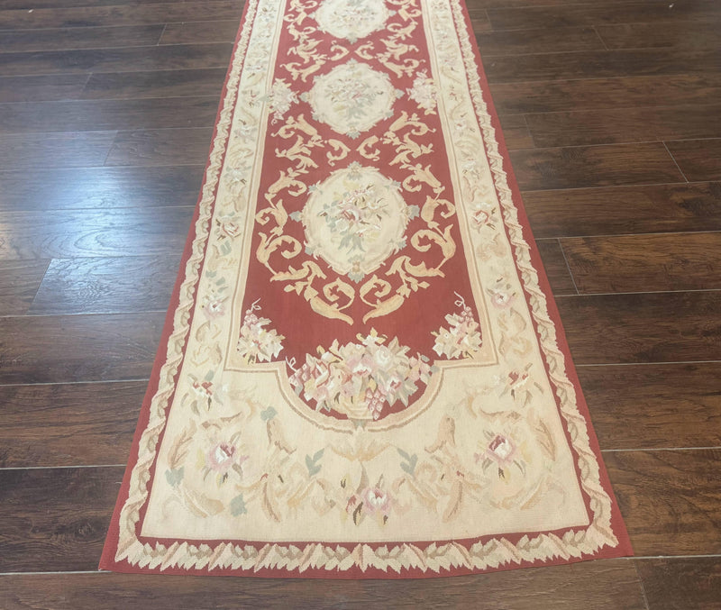 Aubusson Runner Rug 3x10, European Design, Red and Beige, Elegant, Handmade Wool Rug by Jewel Rugs
