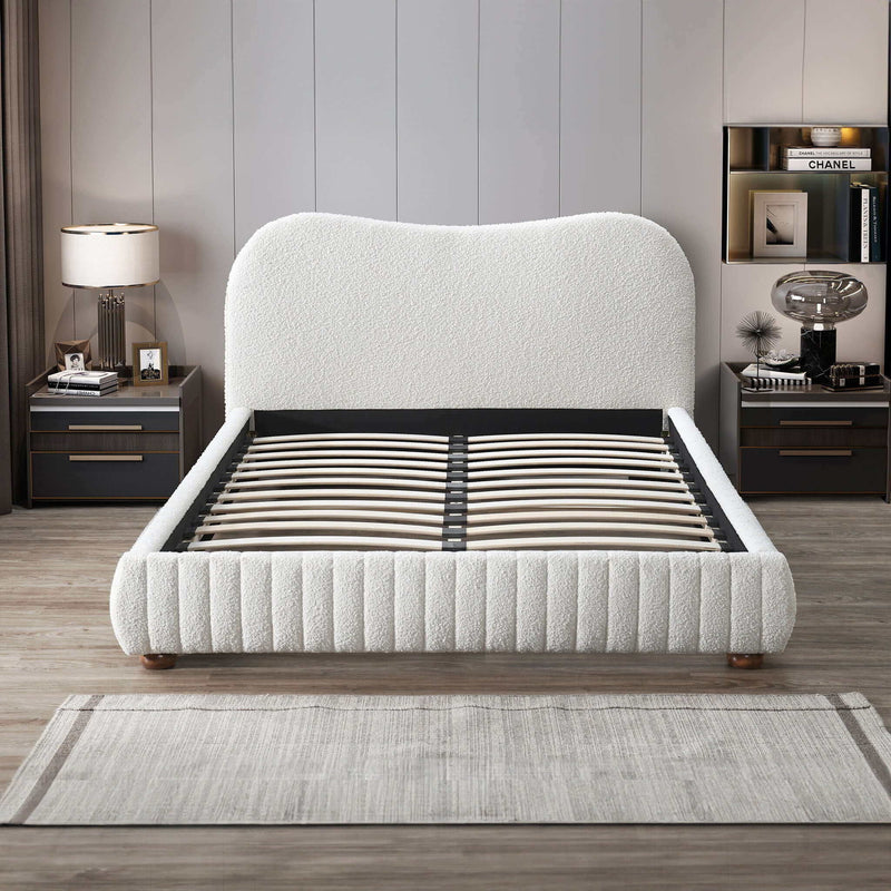 Queen Size Upholstered Low Profile Platform Bed with Boucle Fabric – Cream, photo 2 of 6