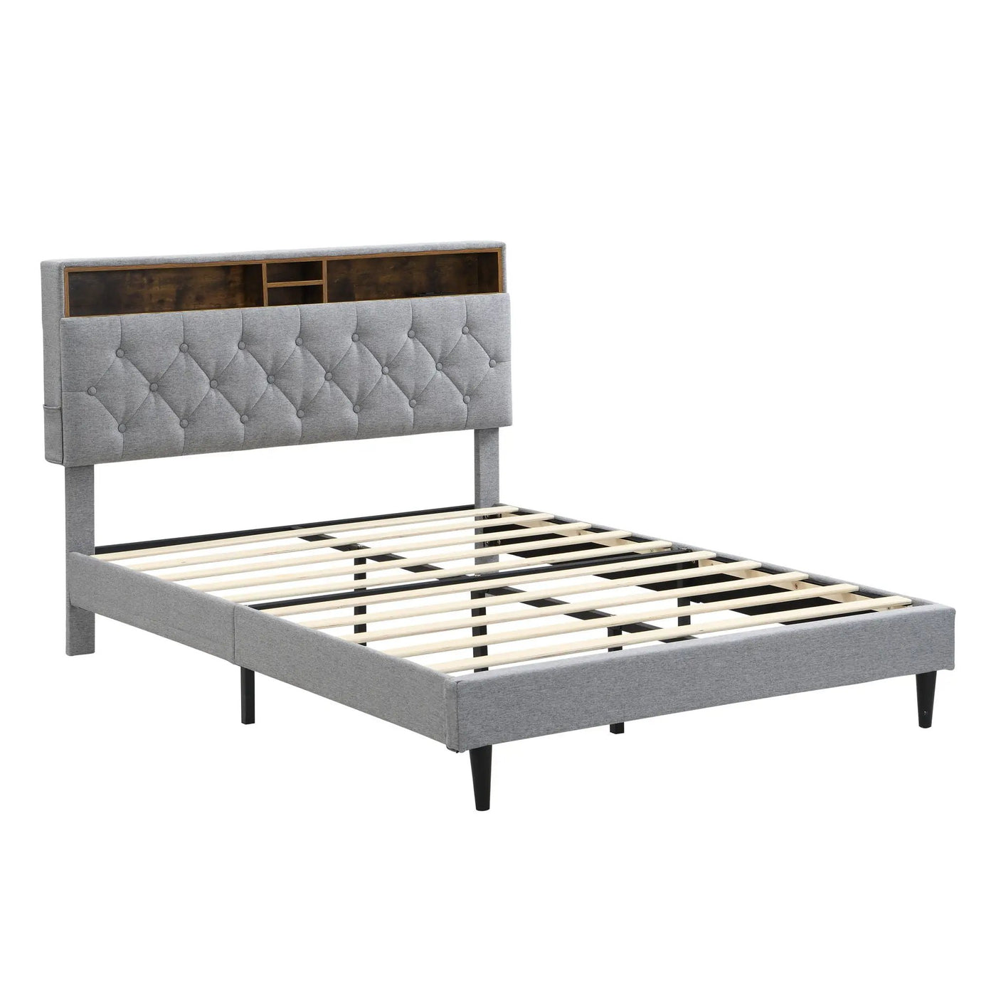 Modern Upholstered Platform Bed Frame With Button Tufted Headboard And USB Ports by HouseOfZazla