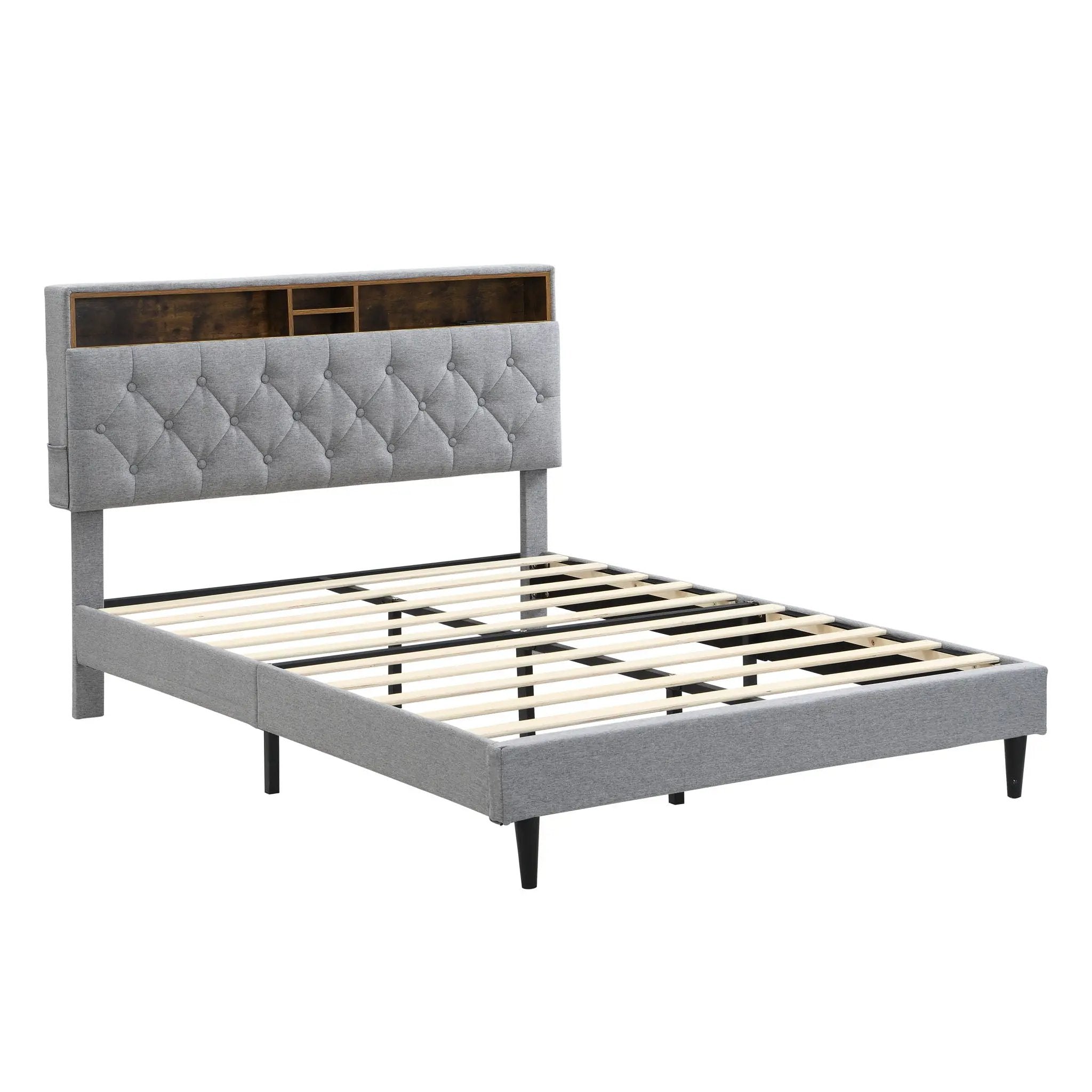 Modern Upholstered Platform Bed Frame With Button Tufted Headboard And USB Ports by Unique Piece Furniture
