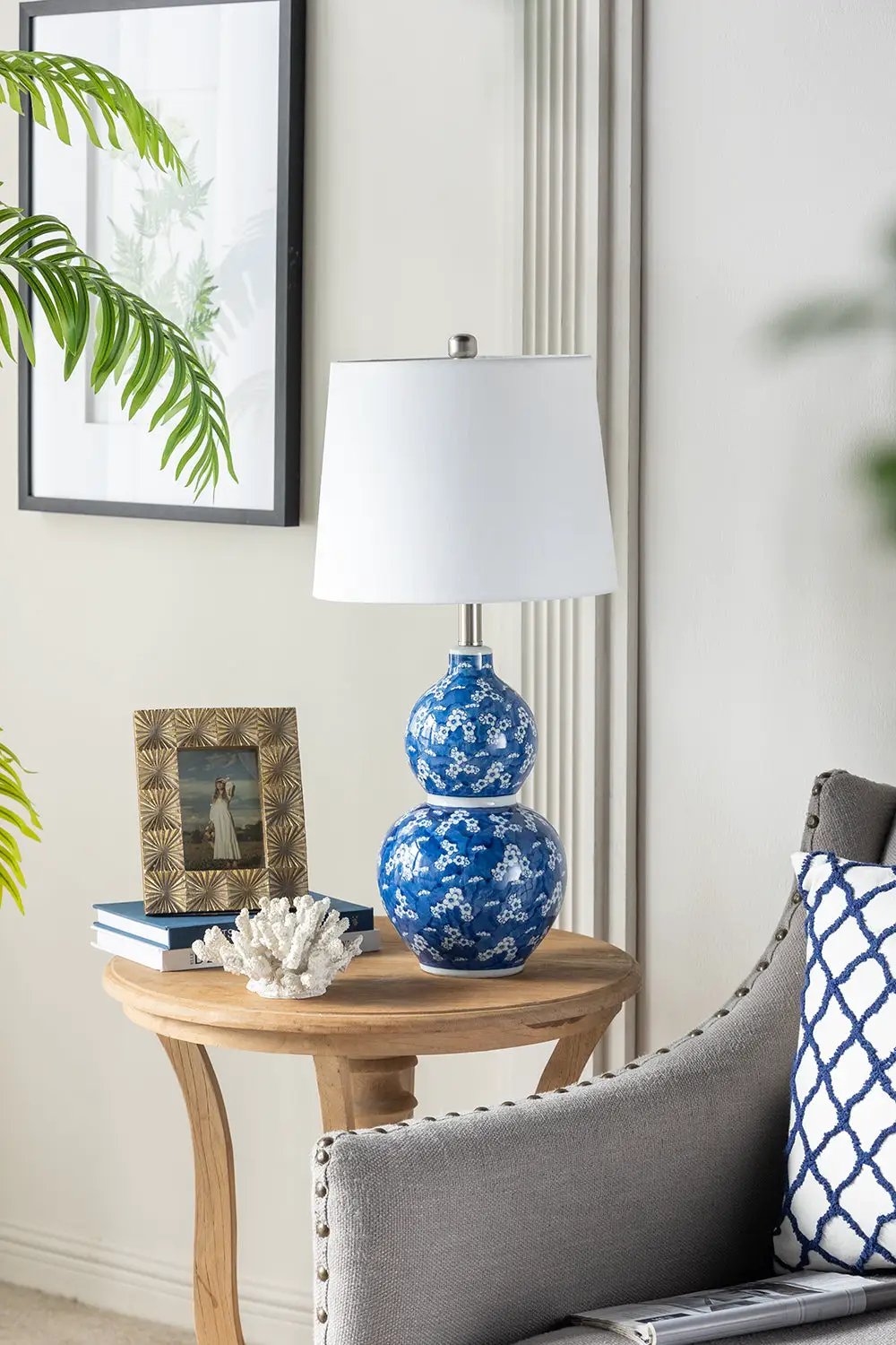 D13x25.7' Blue and White Round Two-Tiered Ceramic Vase Lamp by HouseOfZazla