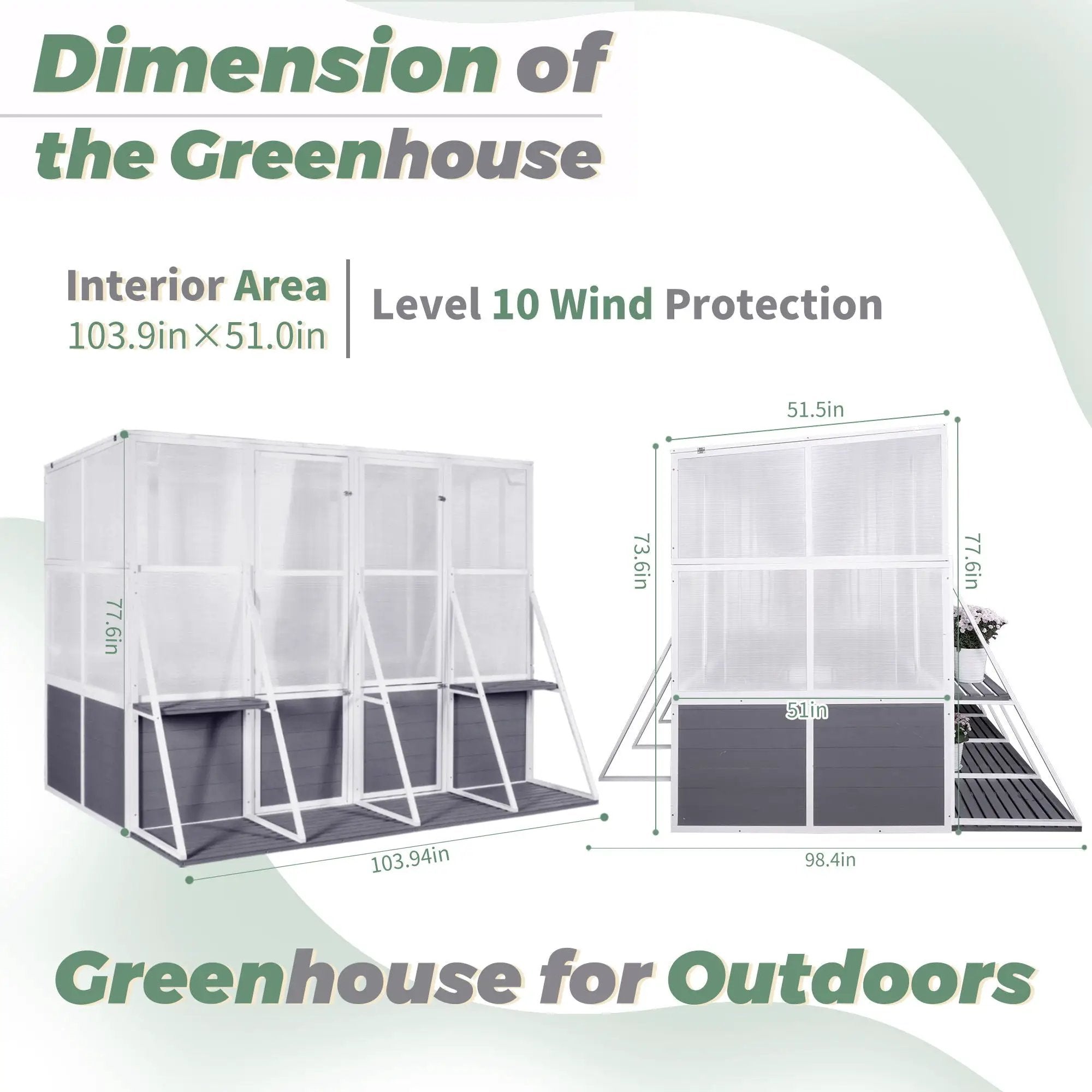 Greenhouse, Wooden Lean To Greenhouses For Outdoors, Heavy Duty Walk In Green House For Outside Winter, Large Hot House For Sunroom Storage Shed, Garden, Backyard - White / Gray by HouseOfZazla
