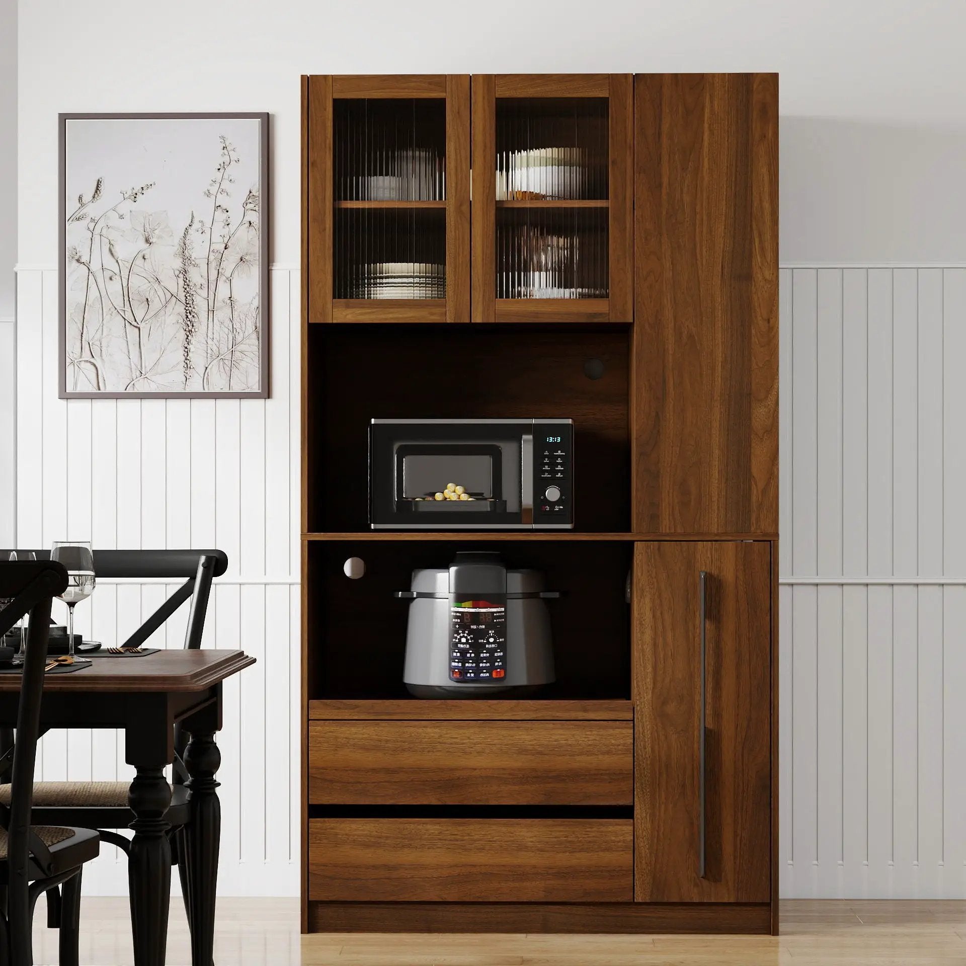 Tall Kitchen Pantry Cabinet With 4 Tier Side Shelf, 2 Drawers, Freestanding Food Hutch With Microwave Stand For Dining Room - Walnut by HouseOfZazla
