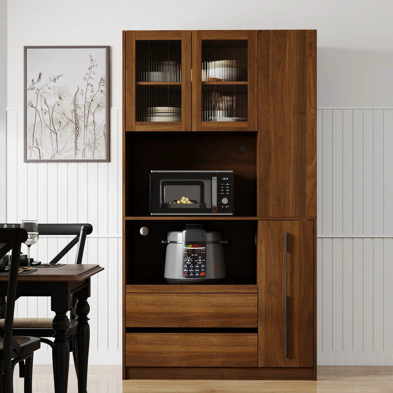 Tall Kitchen Pantry Cabinet With 4 Tier Side Shelf, 2 Drawers, Freestanding Food Hutch With Microwave Stand For Dining Room - Walnut by HouseOfZazla