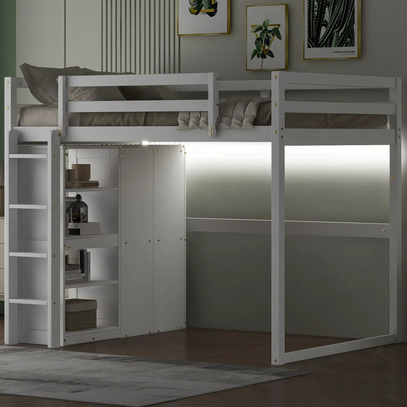 Loft Bed With Built In Wardrobe, Storage Shelves, And LED Light by Unique Piece Furniture