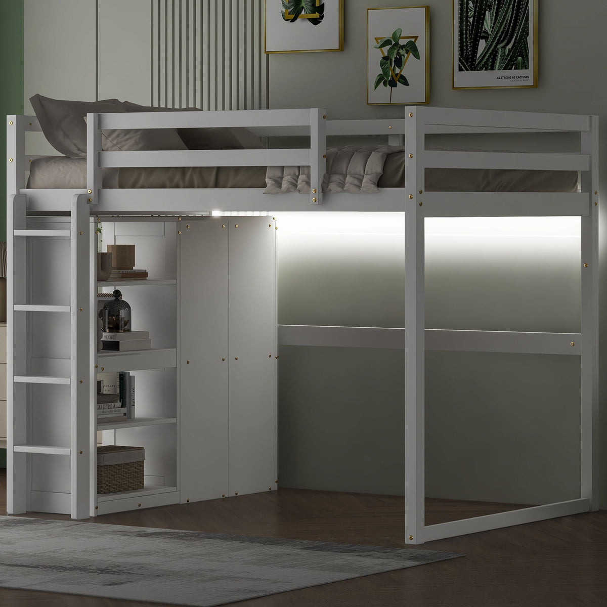Full Size Loft Bed with Built-In Wardrobe, Storage Shelves & LED Light - White or Dark Gray, photo 7 of 31