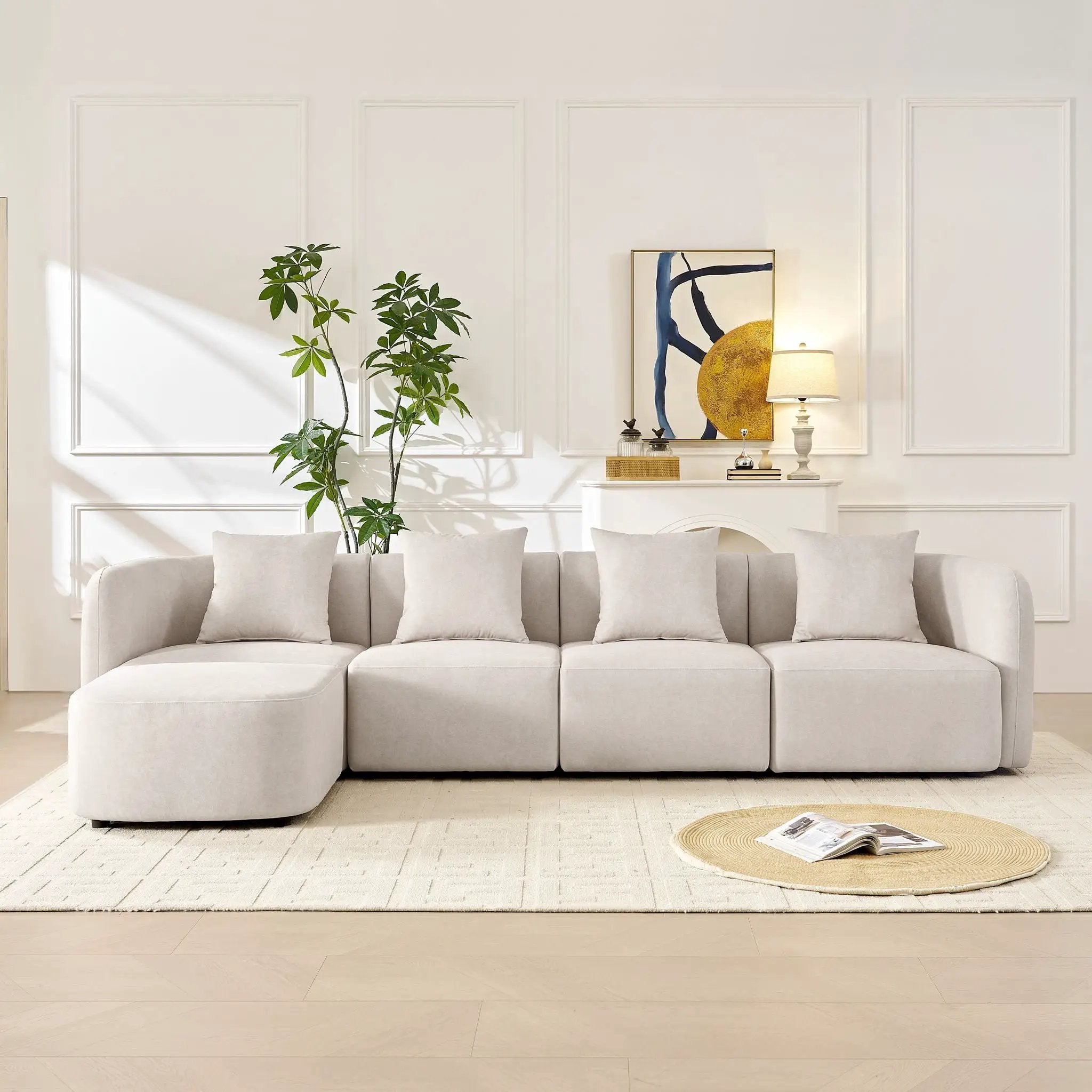 L-Shaped Modular Sectional Sofa With Ottoman, Living Room Furniture Set - Beige by HouseOfZazla