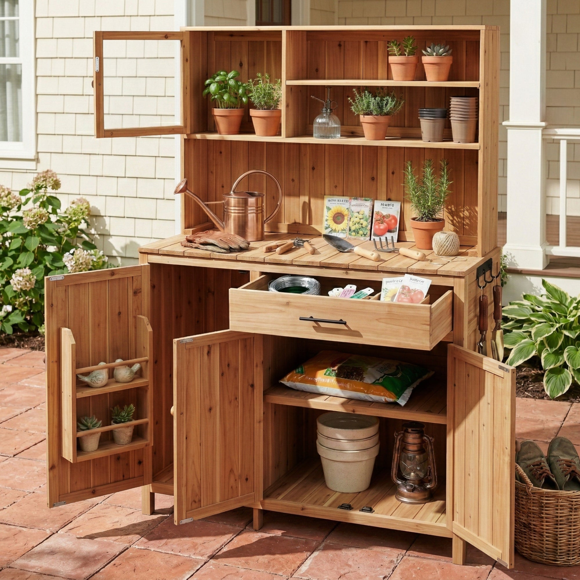 TOPAMX Potting Bench with Hutch, Solid Fir Wood Garden Workstation by HouseOfZazla