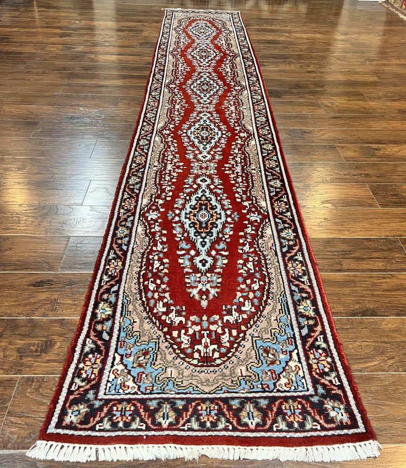 Indo Persian Runner Rug 2.8 x 14.8, Long Indo Kirman Hallway Rug, Red Floral Wool Vintage Handmade Oriental Runner by Jewel Rugs