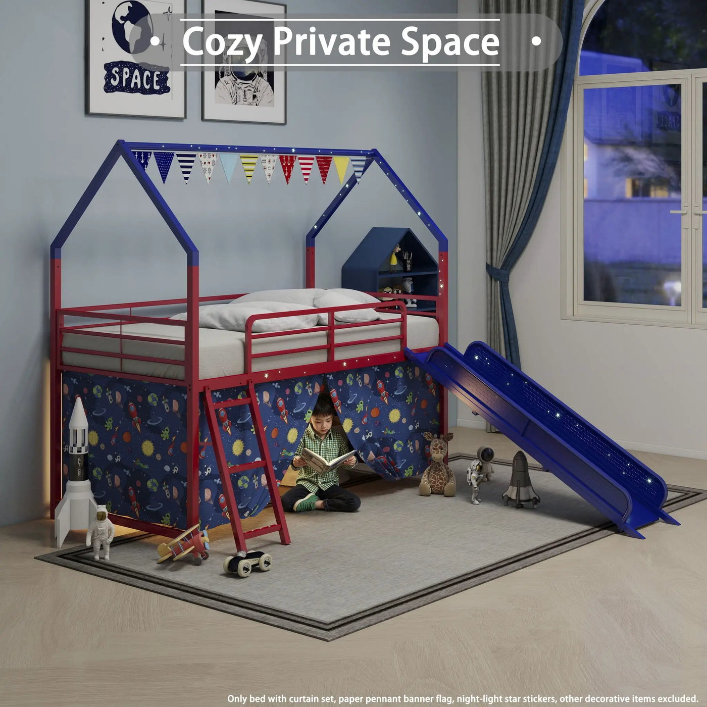 Jack - House Loft Bed With Slide And Curtain Set by HouseOfZazla