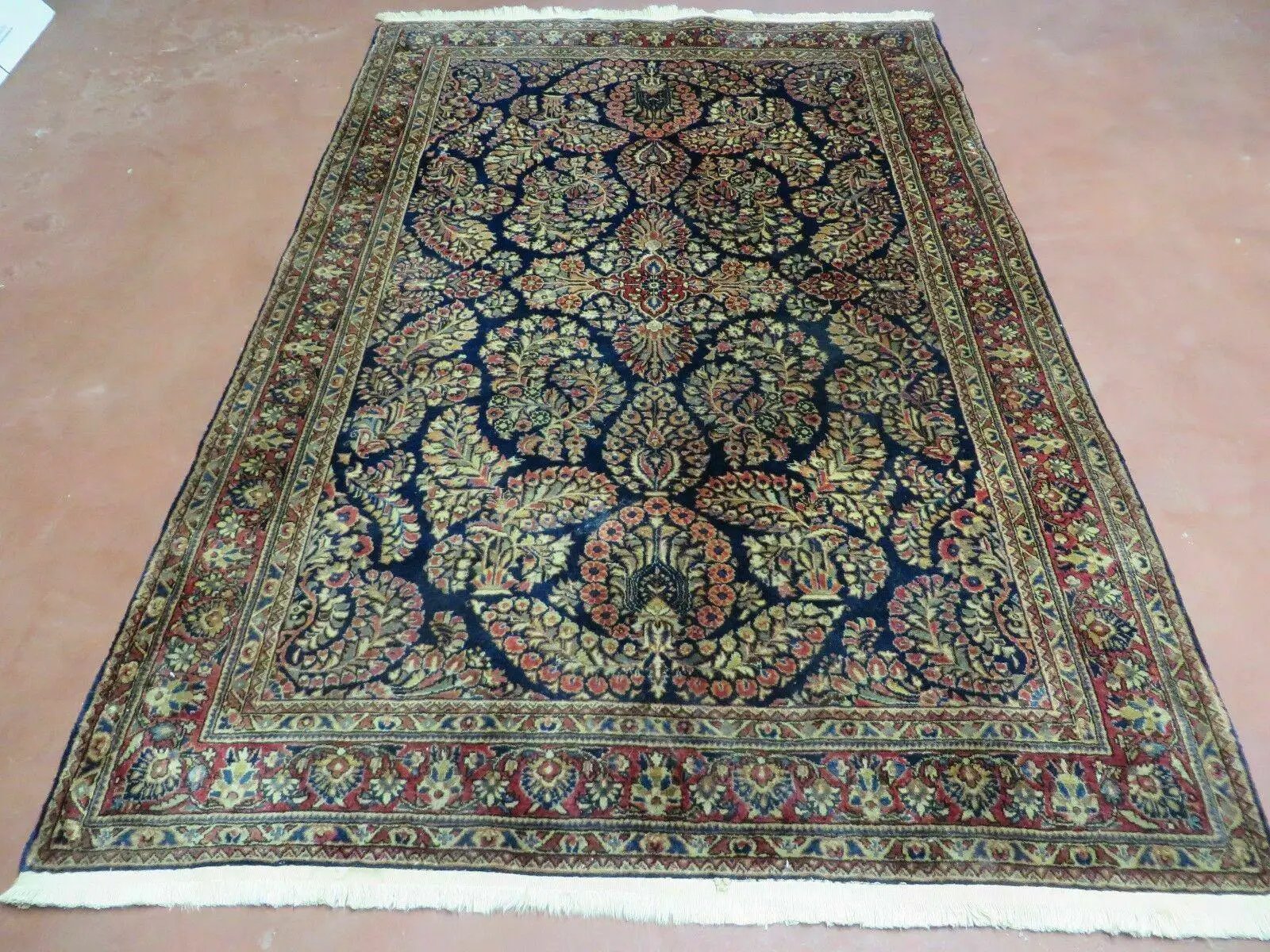 Antique Persian Sarouk Rug 4x6, Hand Knotted 1920s Oriental Carpet 4 x 6 ft, Navy Blue and Red Wool Rug, Handmade Floral Allover Persian Area Rug by Jewel Rugs