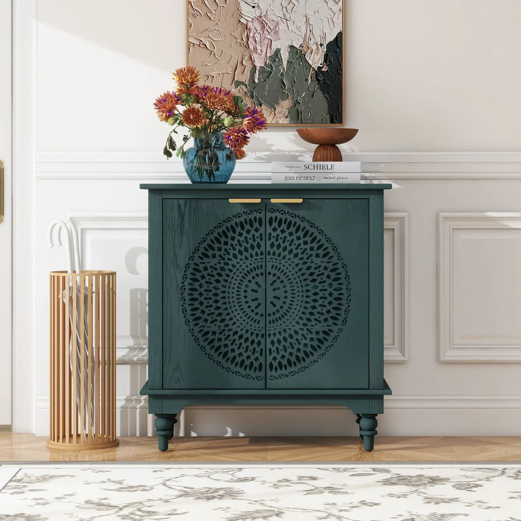 Hollow Carved 2 Door Accent Cabinet With Adjustable Shelf, Sideboard Buffet For Entryway, Living Room Or Bedroom - Blackish Green by HouseOfZazla