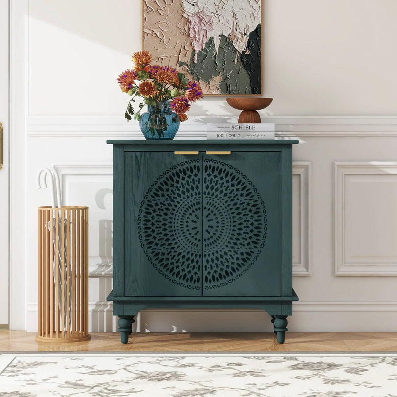 Hollow Carved 2 Door Accent Cabinet With Adjustable Shelf, Sideboard Buffet For Entryway, Living Room Or Bedroom - Blackish Green by HouseOfZazla