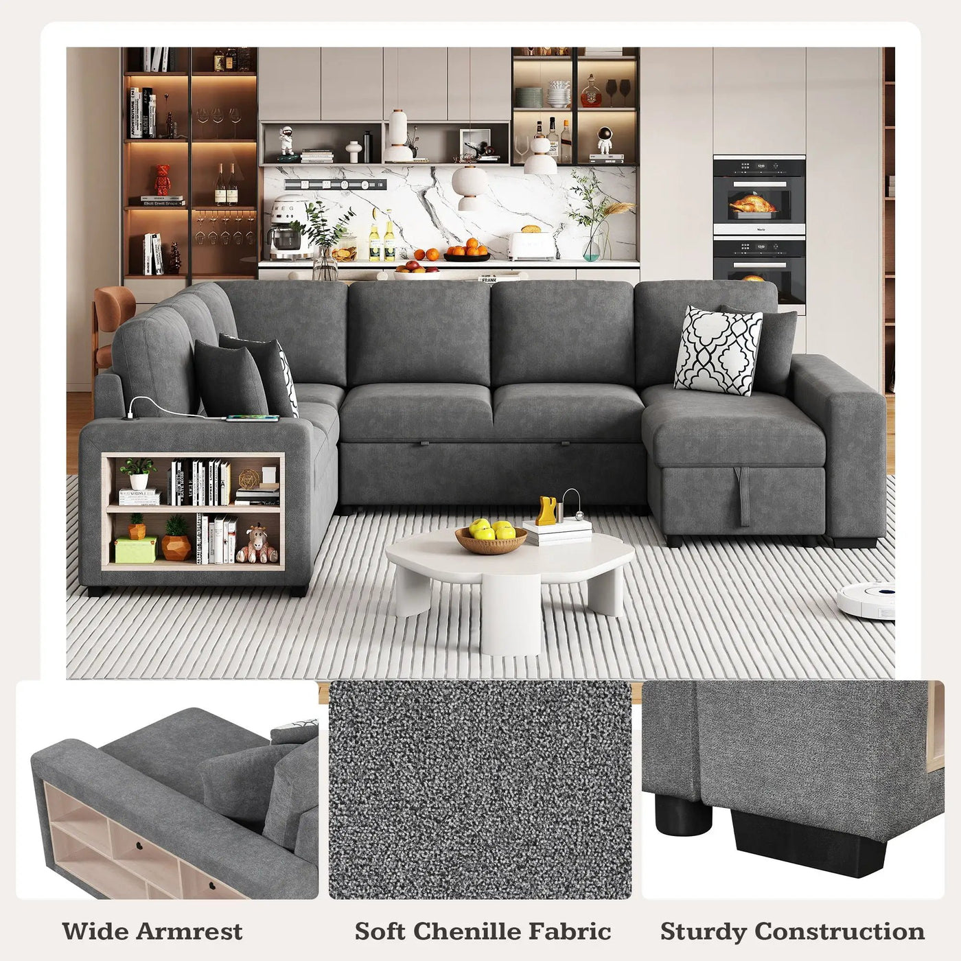 U-Shaped Sectional Sofa Pull-Out Sofa Bed With Two USB Ports, A Storage Chaise Lounge And Four Back Pillows For Living Room by HouseOfZazla