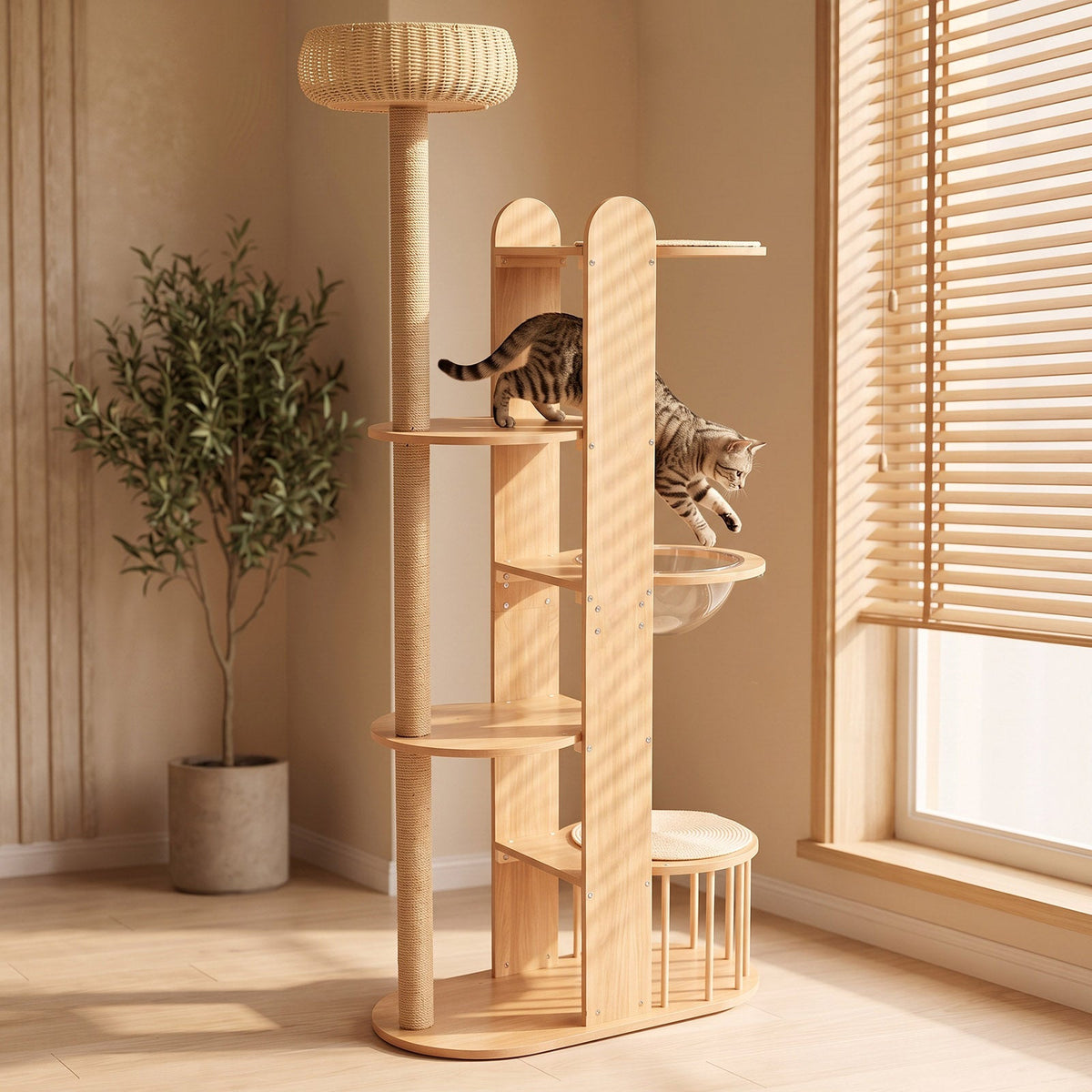 Multi-Level Wood Cat Tree Tower with Sisal Scratching Post - Natural Wood, photo 3 of 8