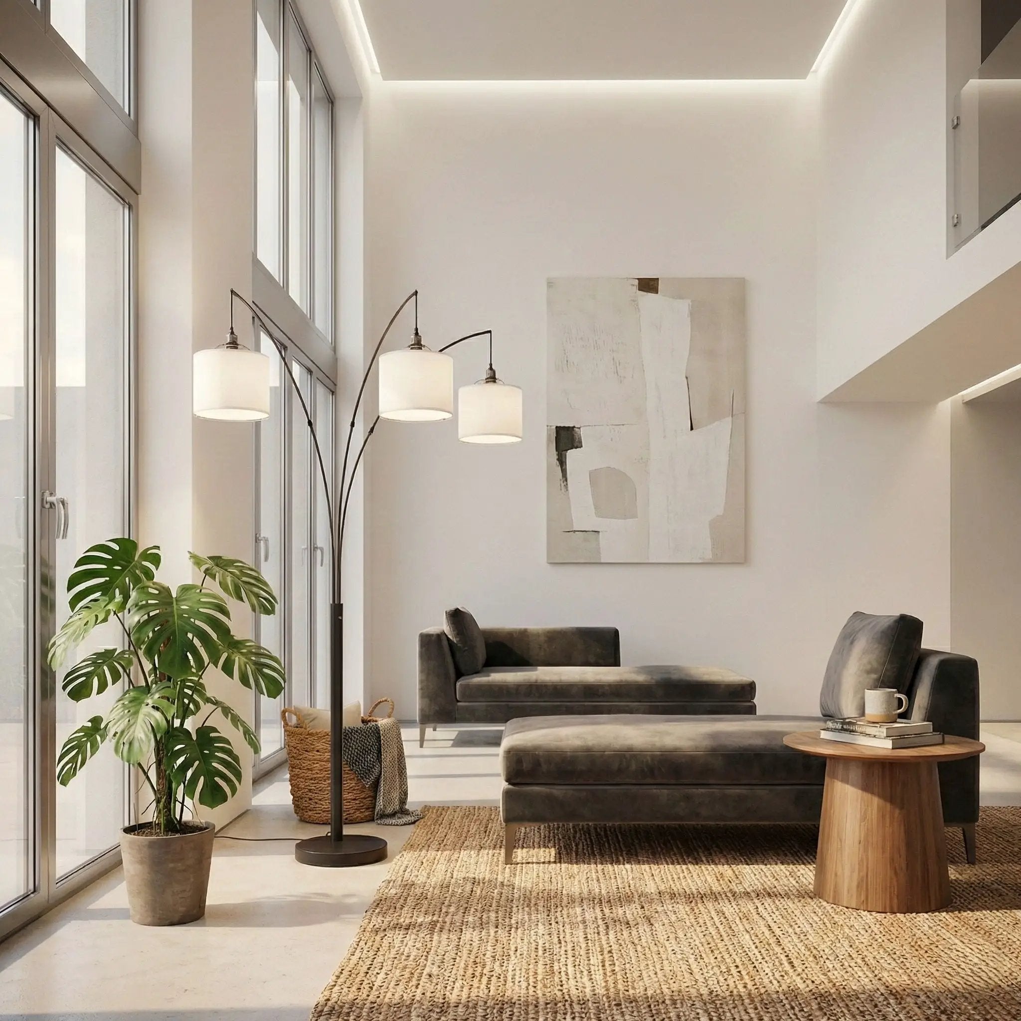 Royal - 3 Arm Arc Floor Lamp, Oil Rubbed Bonze With Linen Shade, 4 Way Rotary Switch - Oil-Rubbed Bronze by Unique Piece Furniture