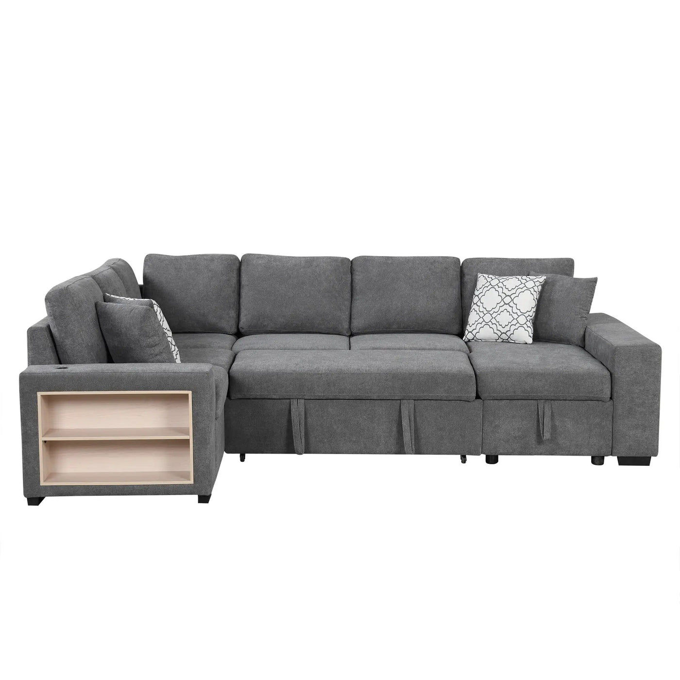U-Shaped Sectional Sofa Pull-Out Sofa Bed With Two USB Ports, A Storage Chaise Lounge And Four Back Pillows For Living Room by HouseOfZazla