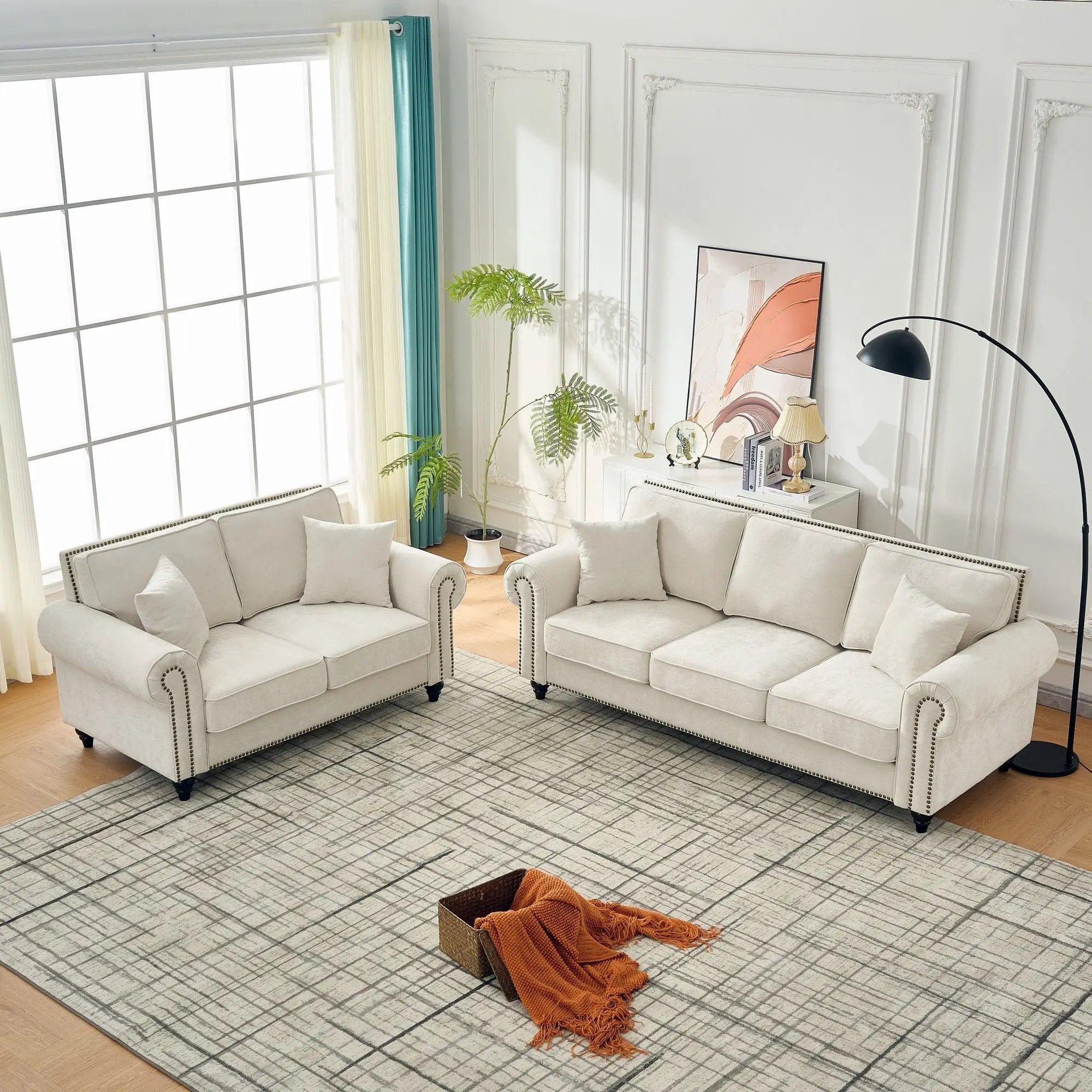 3 Seater Sofa With Tufted Upholstery, Rolled Arms, Nailhead Trim by HouseOfZazla