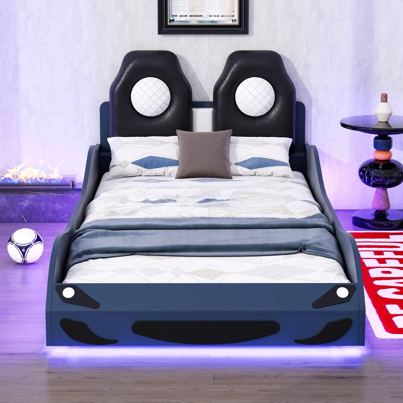 Race Car Shaped Platform Bed With LED And Upholstered Backrest In by HouseOfZazla
