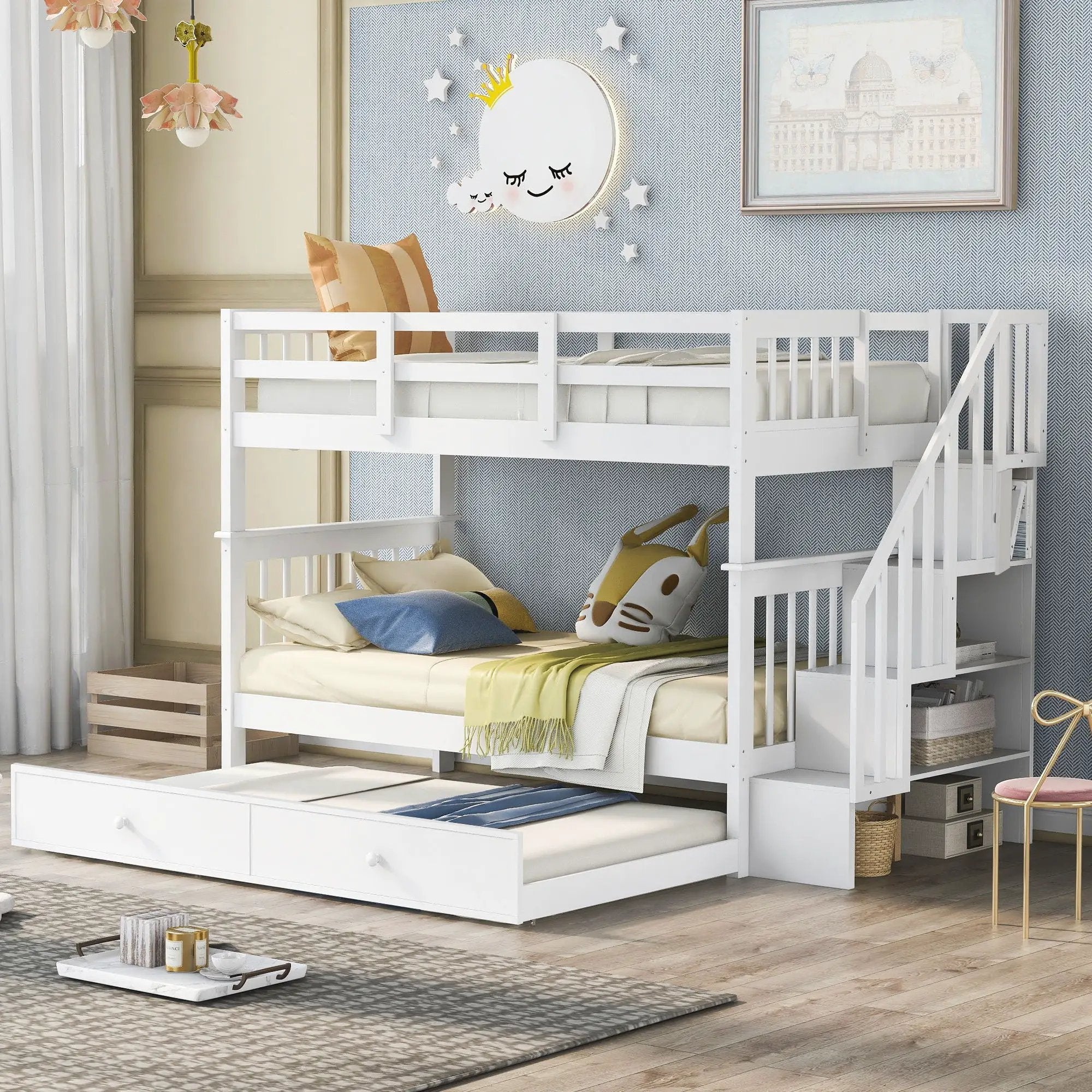 Stairway Bunk Bed With Storage And Guard Rail For Bedroom by HouseOfZazla