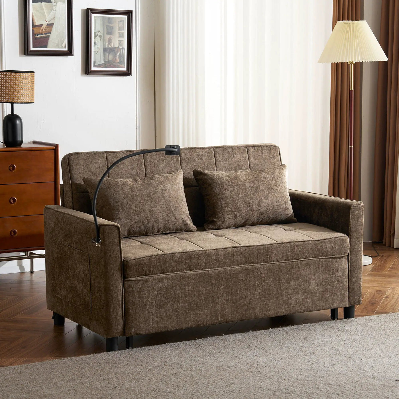 Pull-Out Sleeper Sofa With Reversible Backrest Cushion, Side Pockets, 2 USB Ports And A Phone Holder For Living Room by HouseOfZazla