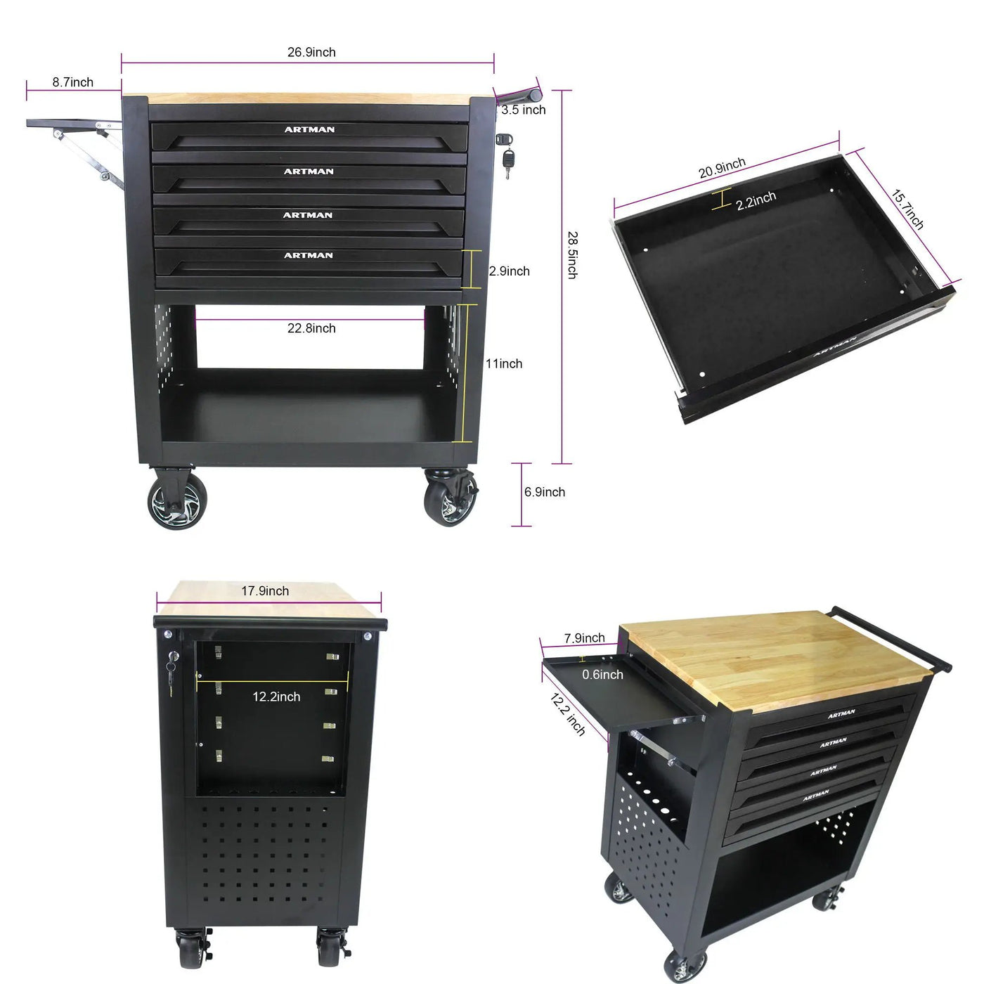 4 Drawers Multifunctional Tool Cart With Wheels And Wooden Top by HouseOfZazla