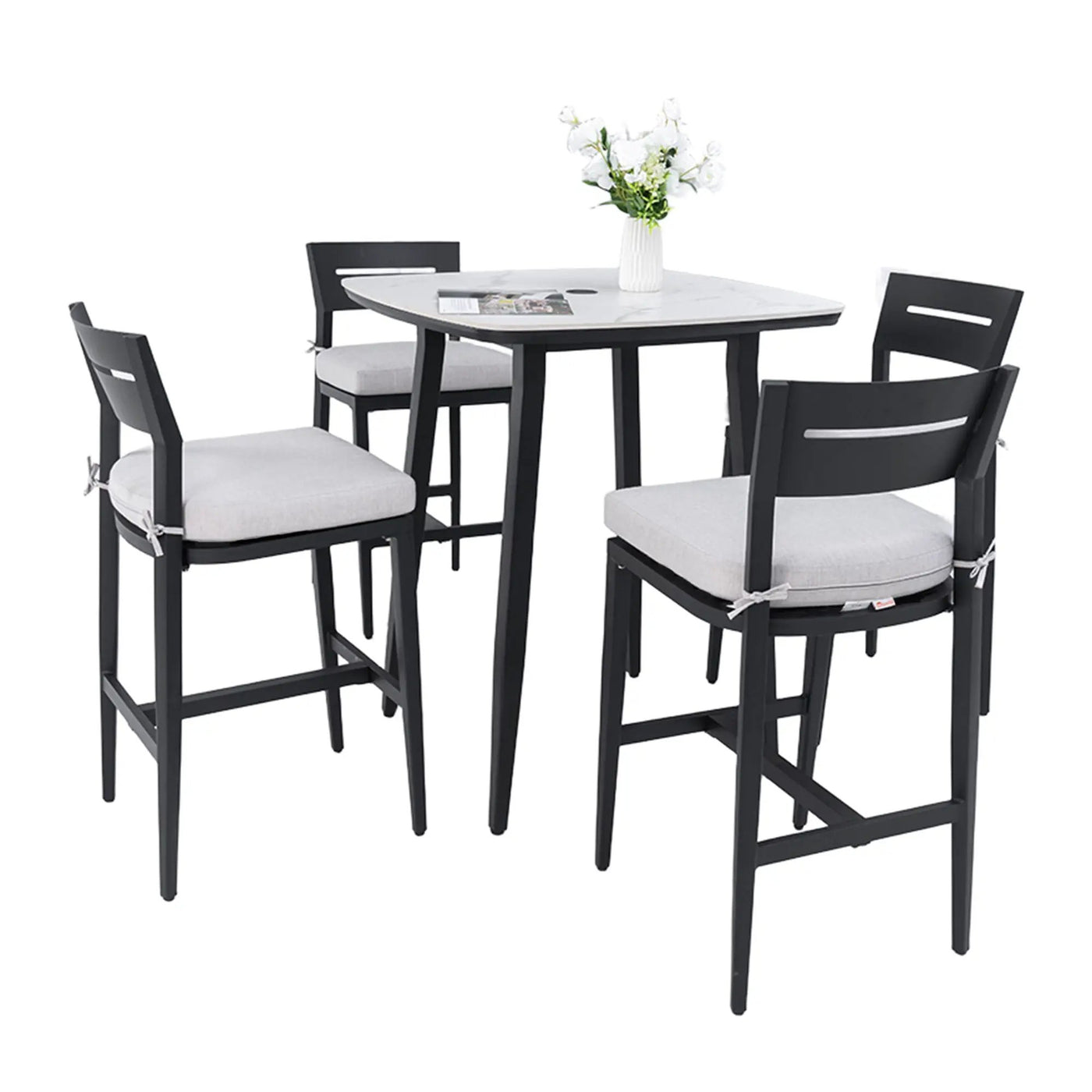 Modern Outdoor Patio Bar Set, Rounded Square Table & Bar Chairs, Non Rust Frame, Tapered Legs, Sunbrella Cushion by HouseOfZazla
