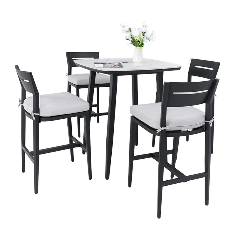 Modern Outdoor Patio Bar Set, Rounded Square Table & Bar Chairs, Non Rust Frame, Tapered Legs, Sunbrella Cushion by HouseOfZazla