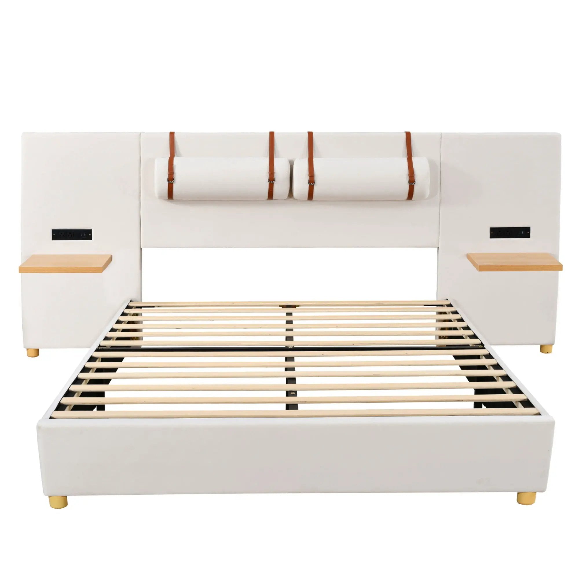 Upholstered Platform Bed, 2 Outlets And USB Charging Ports On Both Sides, 2 Bedside Pillows, Storage Shelves by HouseOfZazla