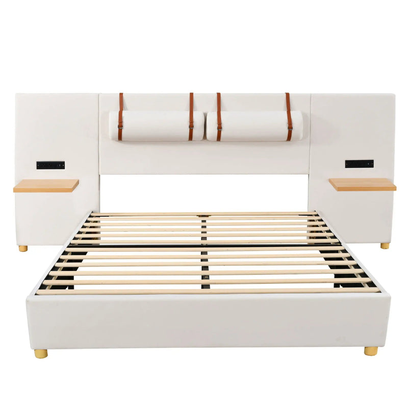 Upholstered Platform Bed, 2 Outlets And USB Charging Ports On Both Sides, 2 Bedside Pillows, Storage Shelves by HouseOfZazla