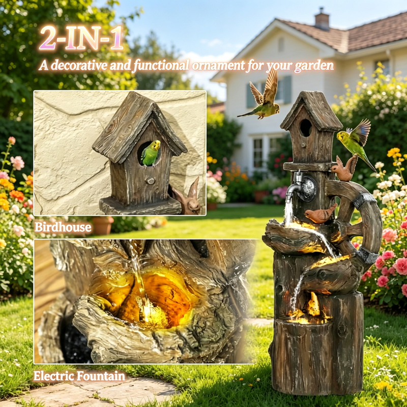 Resin Rustic Outdoor Fountain Birdhouse and Iron Tap, photo 6 of 9