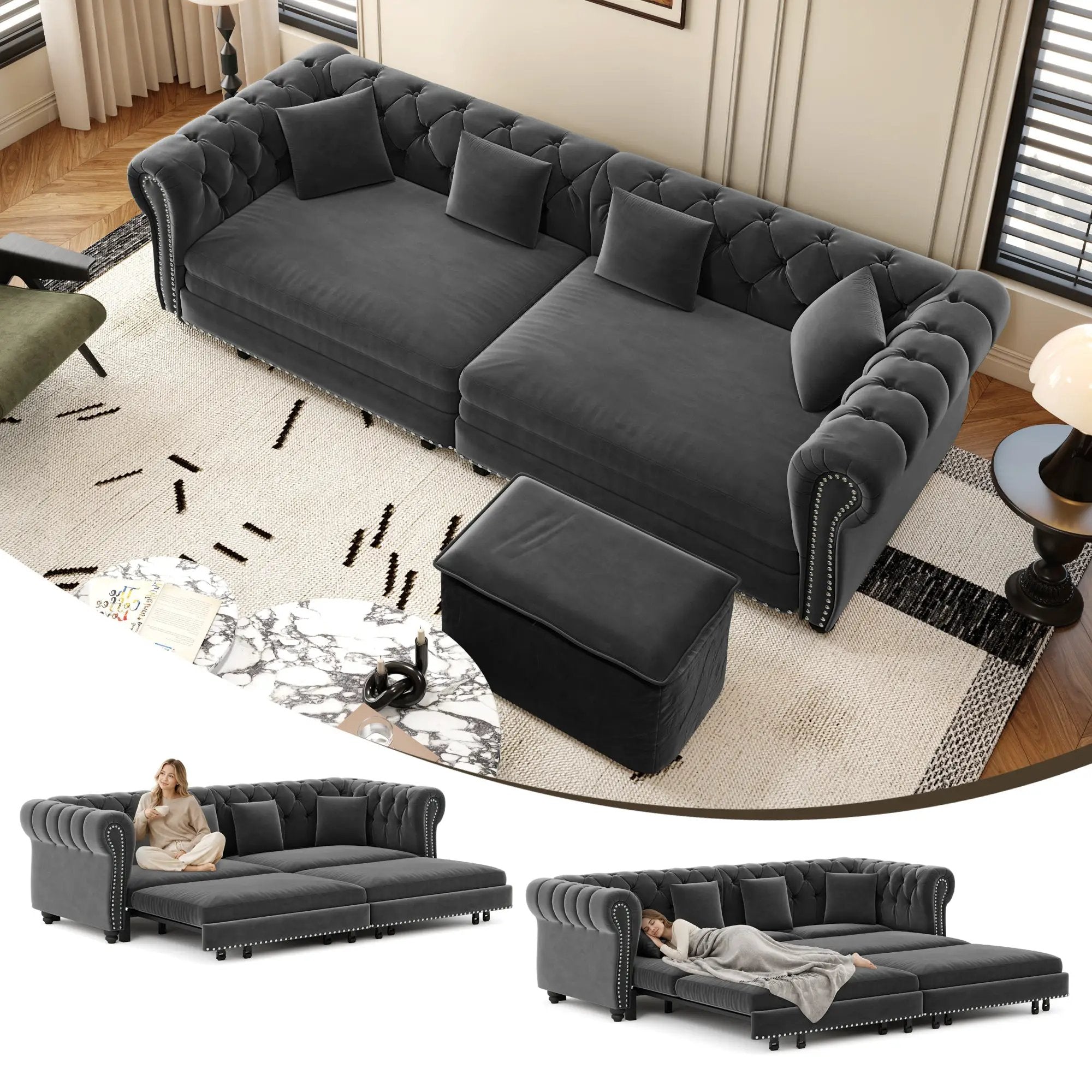 Chesterfield Sofa Bed – 3-in-1 Convertible Velvet Sofa by HouseOfZazla
